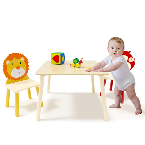 Kids Table and 2 Chairs Set, 3 Pieces Toddler Table and Chair Set, Wooden Activity Play Table Set (Lion&Monkey)、、casual