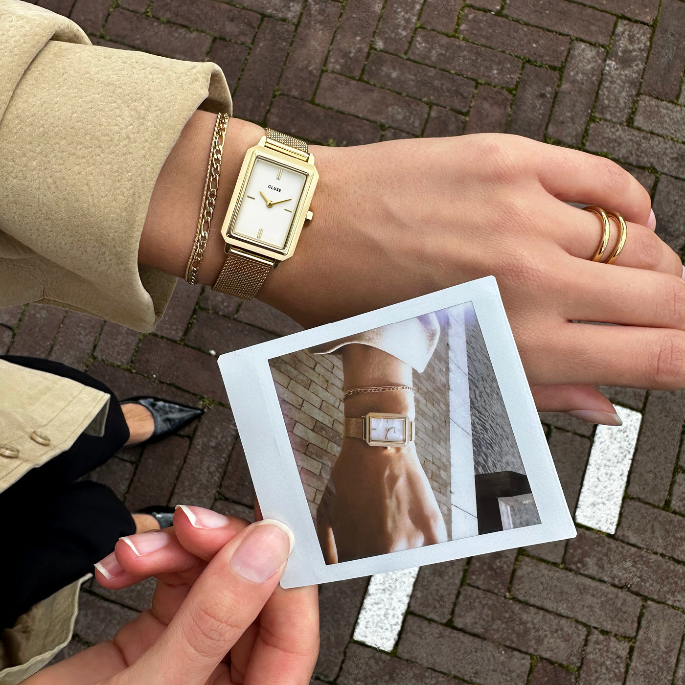 Gift Box Fluette Watch Mesh,White & Double Chain Bracelet, Gold Colour、mySite、botmansion