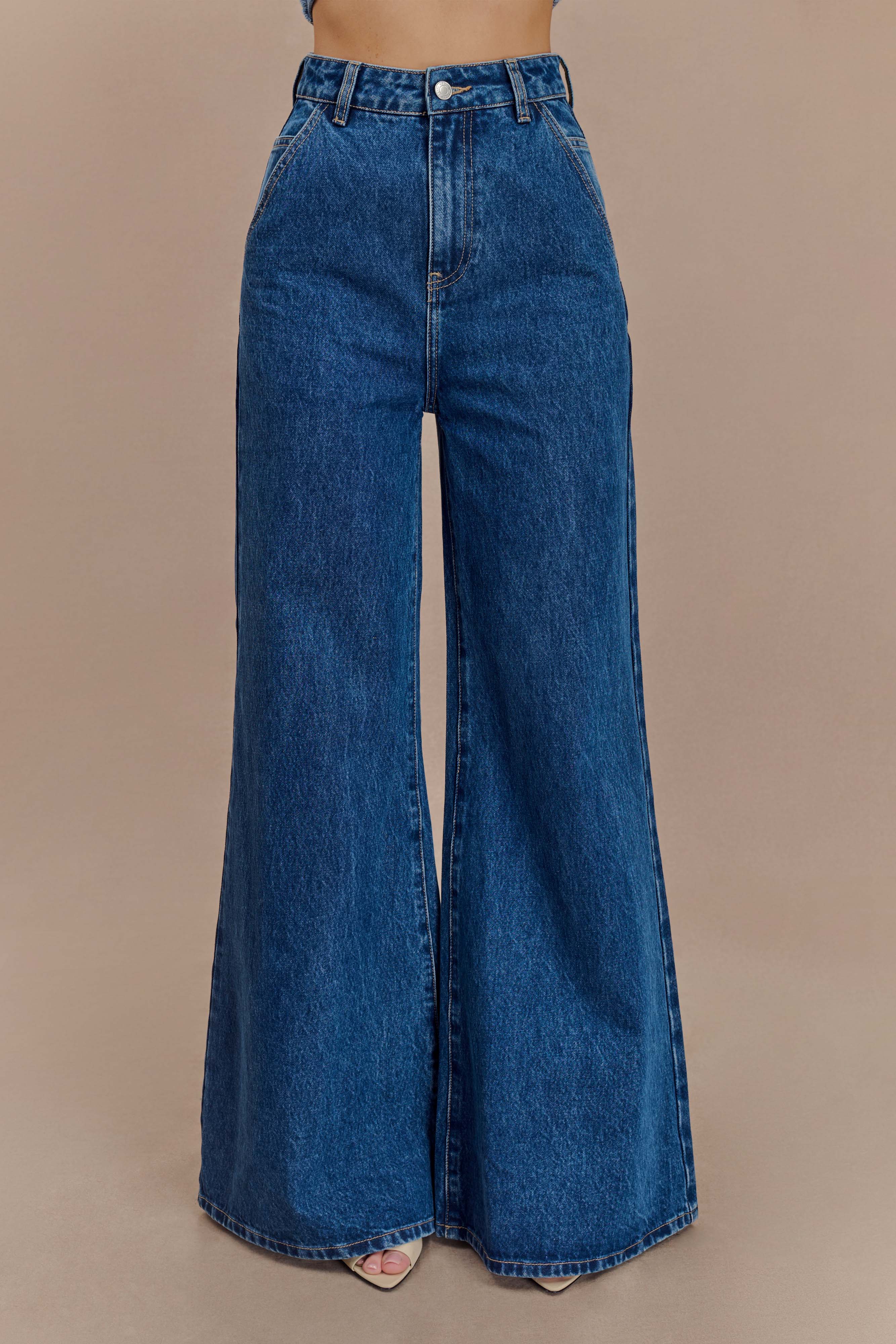 Jen Wide Leg Flare Denim Jeans - Dark Blue、mySite、solidvoid