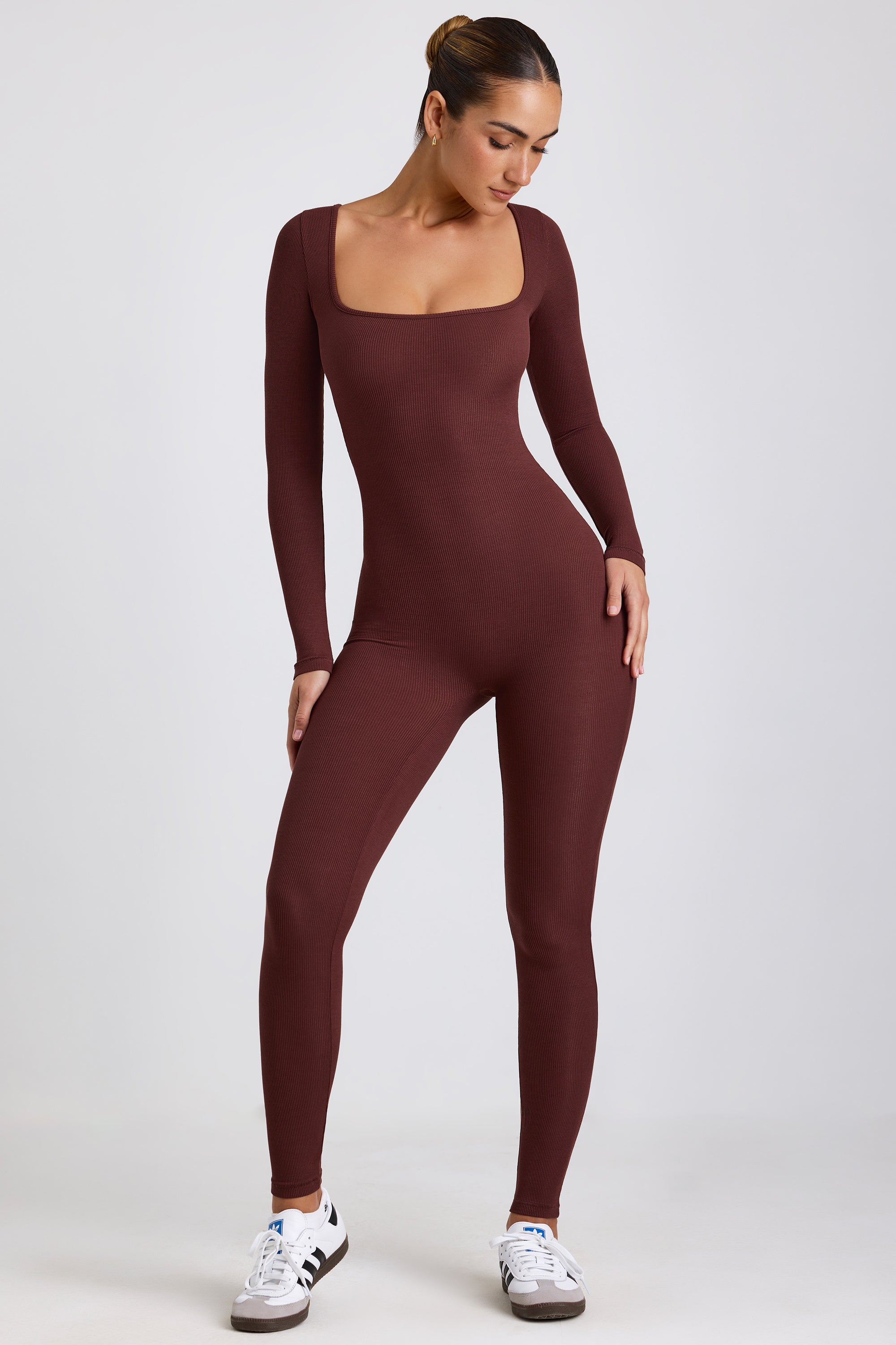 Ribbed Modal Long Sleeve Jumpsuit in Espresso、mySite、solidvoid