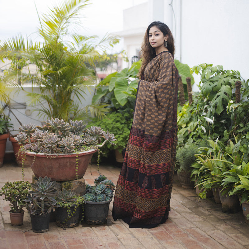 Festive Wear | Handblock Printed Chanderi Brown Saree、mySite、camillekostekn