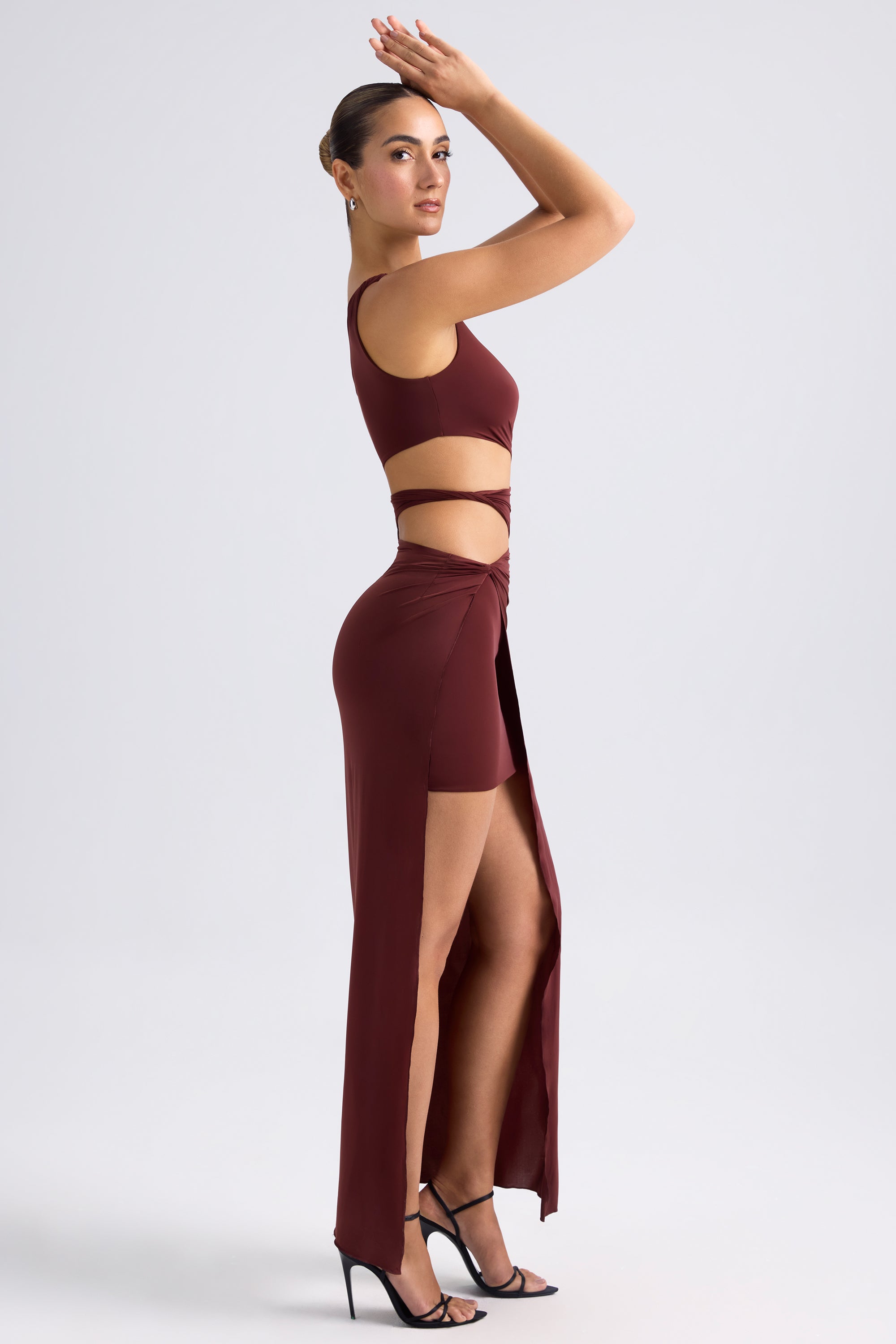 One-Shoulder Draped Cut-Out Maxi Dress in Chestnut Brown、mySite、solidvoid