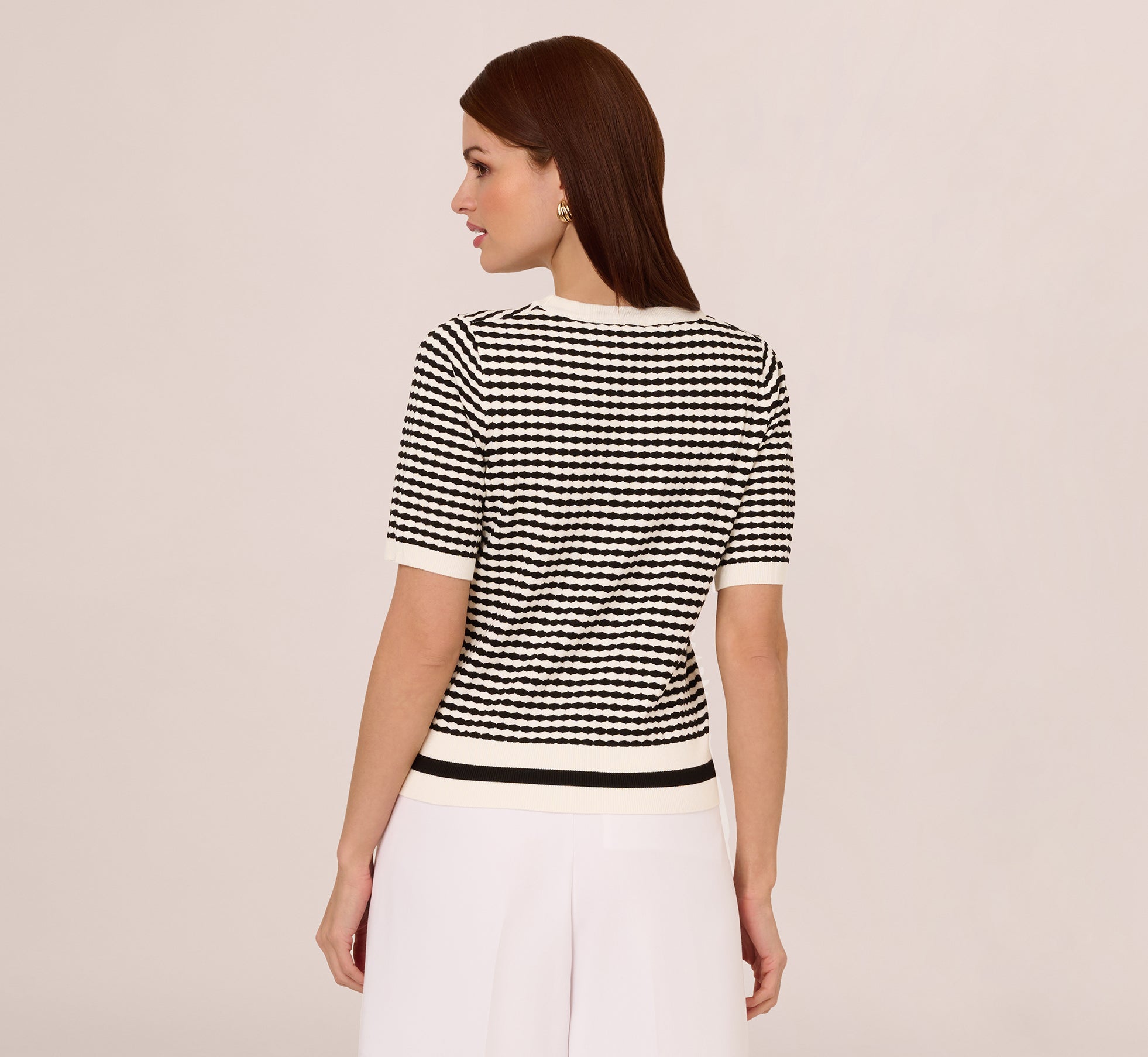 Short Sleeve Optic Pattern Knit Sweater In Ivory Black、mySite、solidvoid