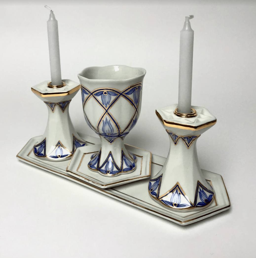 Modern Blue Floral Porcelain Shabbat Set - Kiddush Cup and Candlesticks、mySite、topwebapps