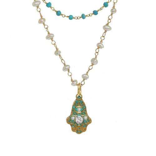 Michal Golan Turquoise and Pearl Hamsa Necklace、mySite、topwebapps
