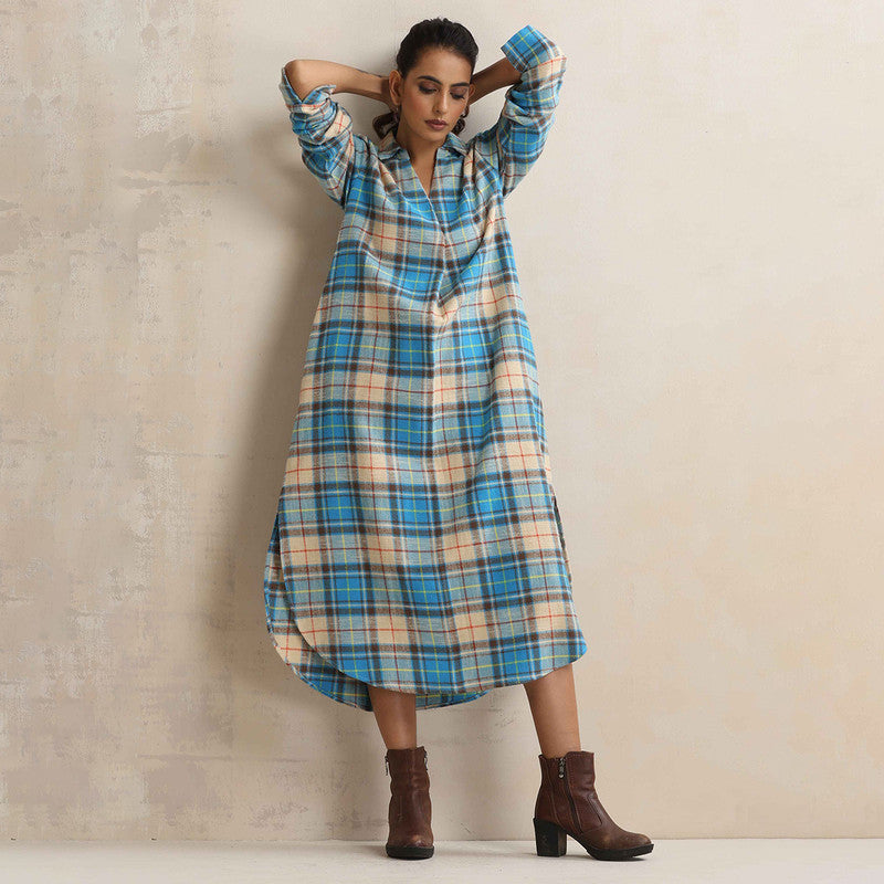 Cotton Dress For Women | Checkered Print | Shirt Collar | Beige & Blue、mySite、camillekostekn