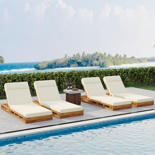 LOUNGE CHAISE SET, ACACIA WOOD WITH WATER-RESISTANT LOUNGE CUSHIONS (CREAM & 4 INCH THICK) - MATCHING DARK GREY VERSION AVAILABLE、、eastwooduniform