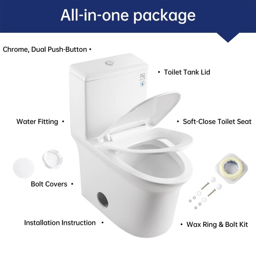 1.1/1.6 GPF Elongated Comfort Height Floor Mounted One-Piece Toilet, CUPC Certified, WaterSense Cetified, Ceramic, White Color, Soft Close Seat、、xpatfood