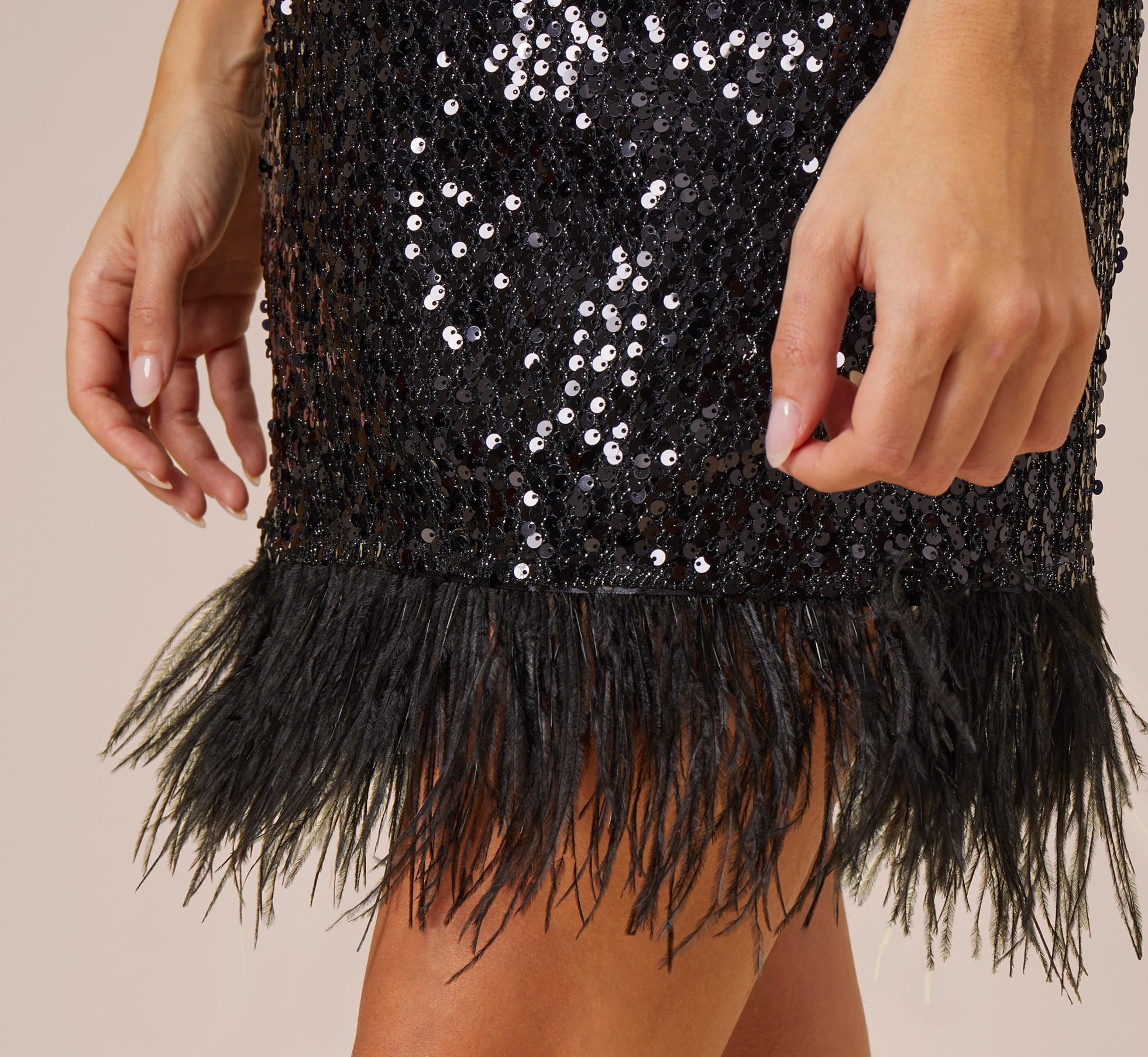 Sequined Trapeze Halter Dress With Feather Trim In Black、mySite、solidvoid
