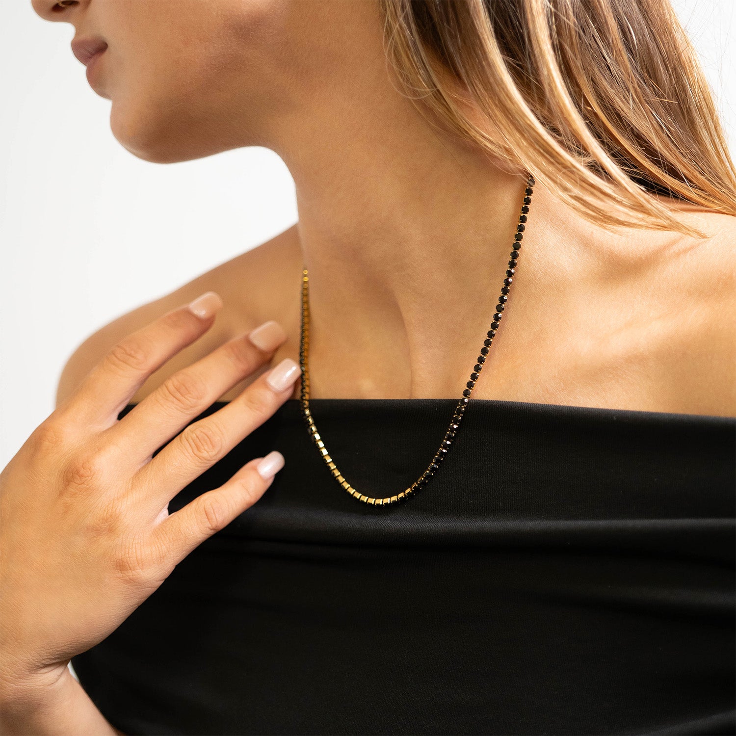 18K Gold PVD Stainless Steel Jet Rhinestone Tennis Chain Necklace With 2 Extension / TNN0004、mySite、dreamappss