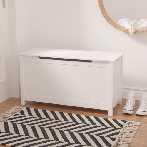 Kids Wooden Toy Box Storage with Safety Hinged Lid for Ages 2+ (White)、、casual