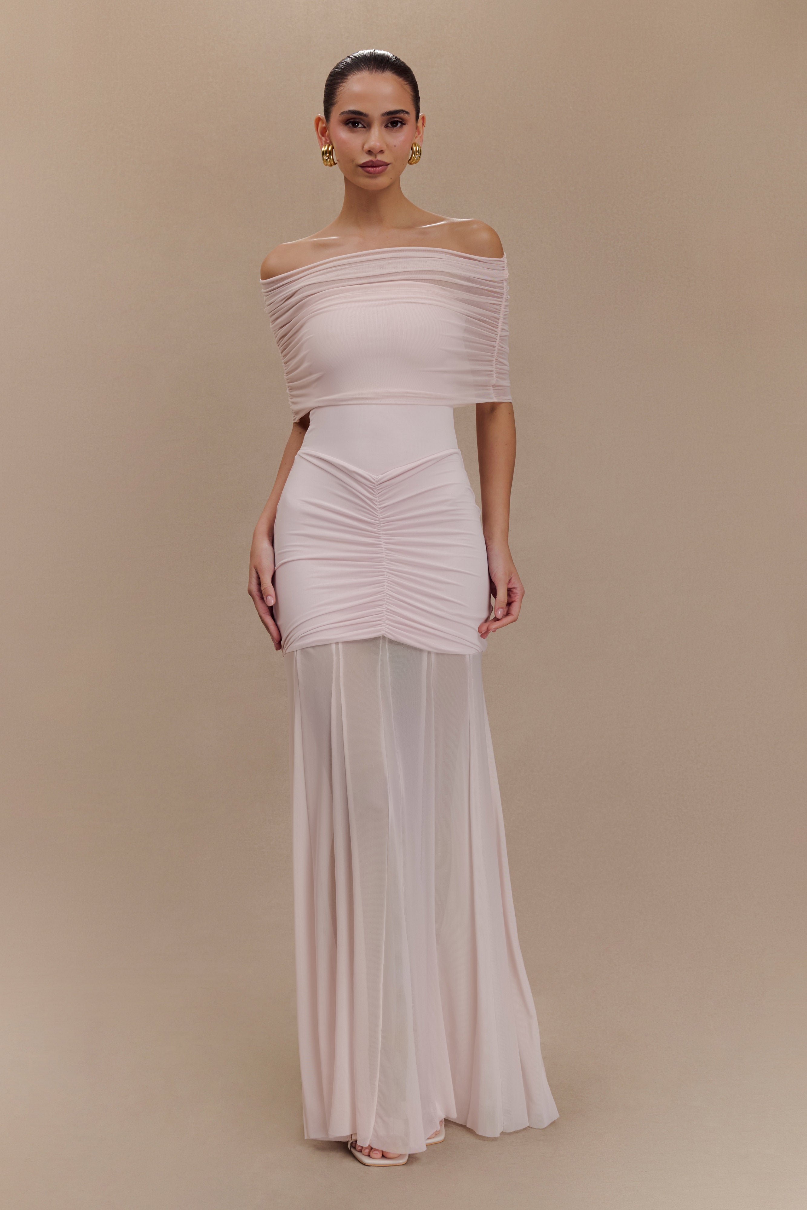 Caspian Slinky And Mesh Off Shoulder Maxi Dress - Pale Pink、mySite、solidvoid