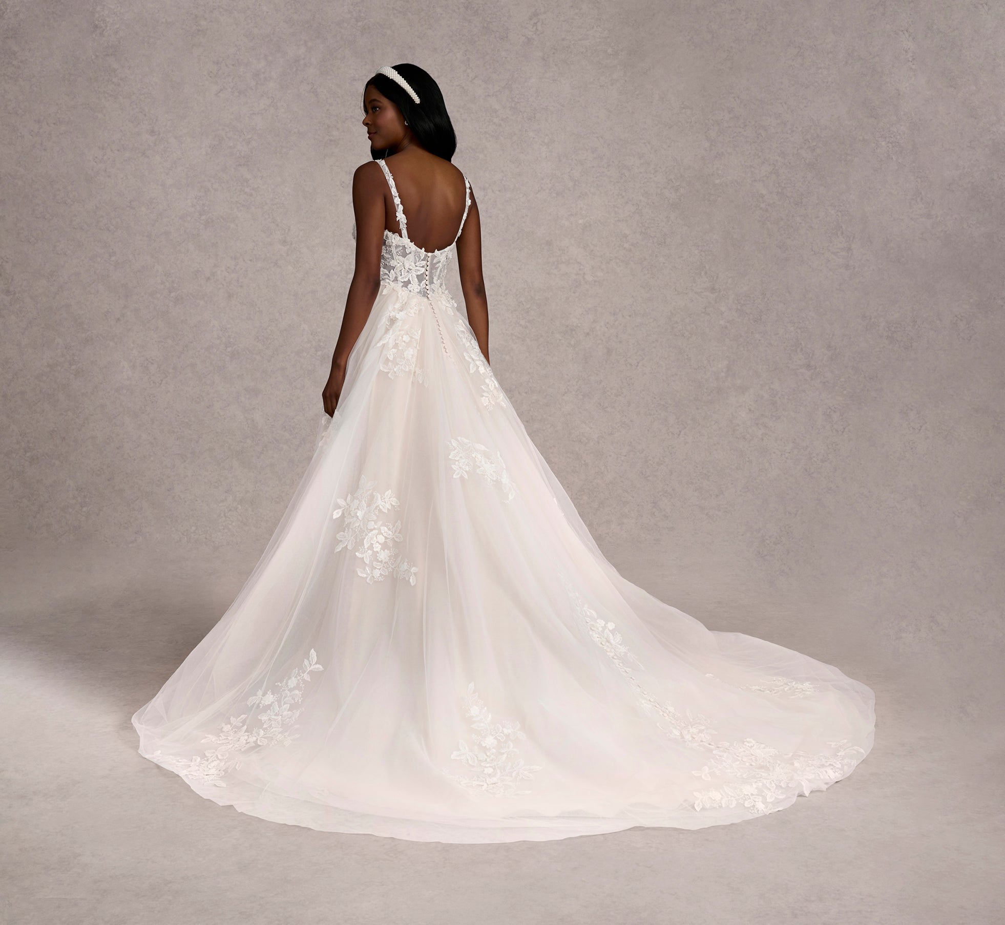 Hand Beaded 3D Floral Lace And Tulle A-Line Gown In Ivory Almond Nude、mySite、solidvoid