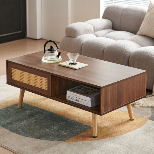 41.34" Rattan Coffee table, sliding door for storage, solid wood legs, Modern table for living room , natural、、casual