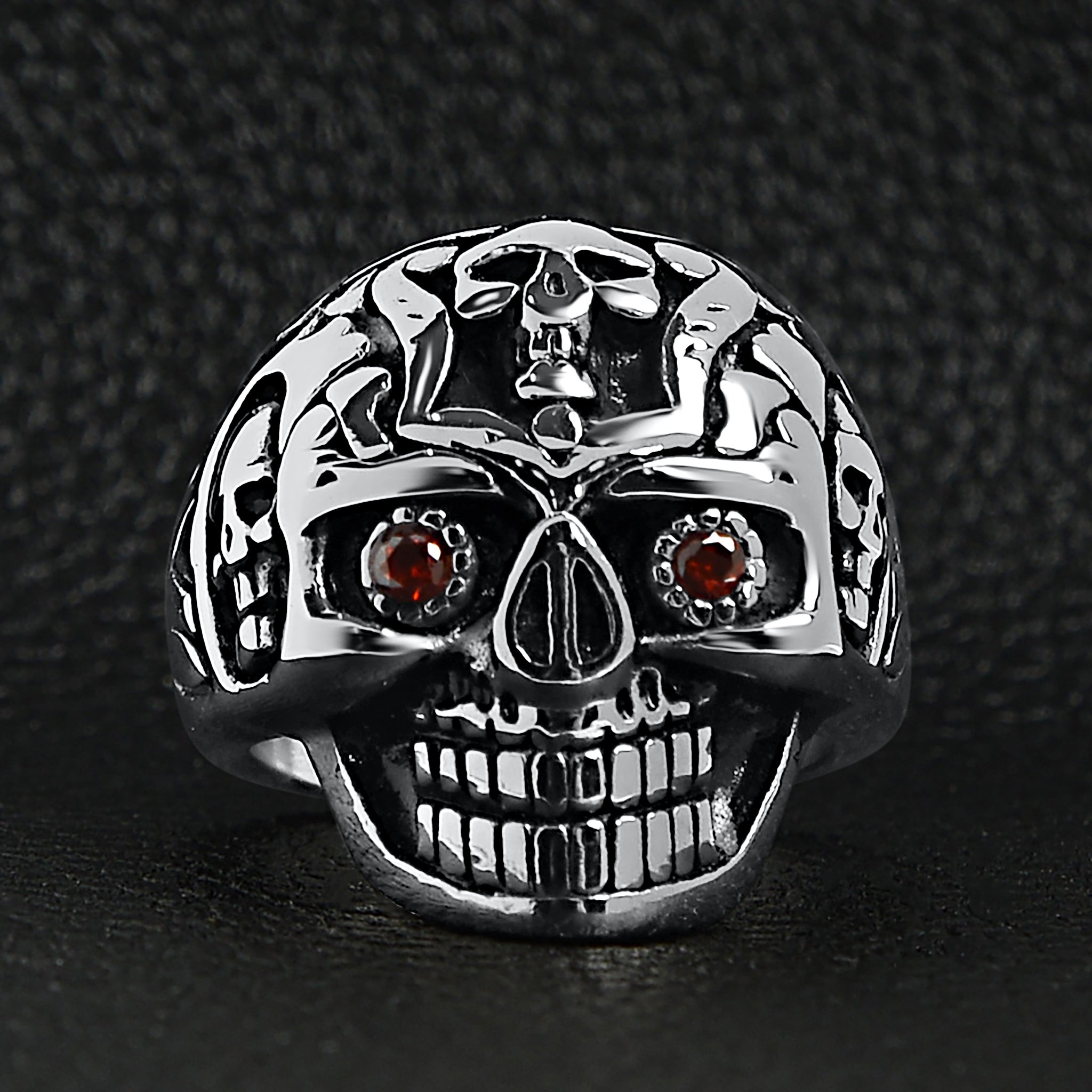 Stainless Steel Red CZ Eyed Sugar Skull Ring / SCR4088、mySite、dreamappss