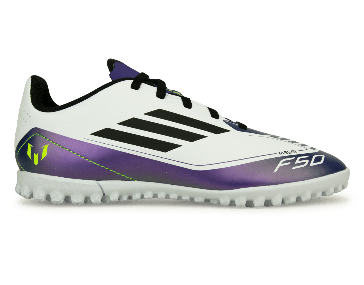 adidas Kids F50 Club Messi TF White/Black/Purple、mySite、noshort