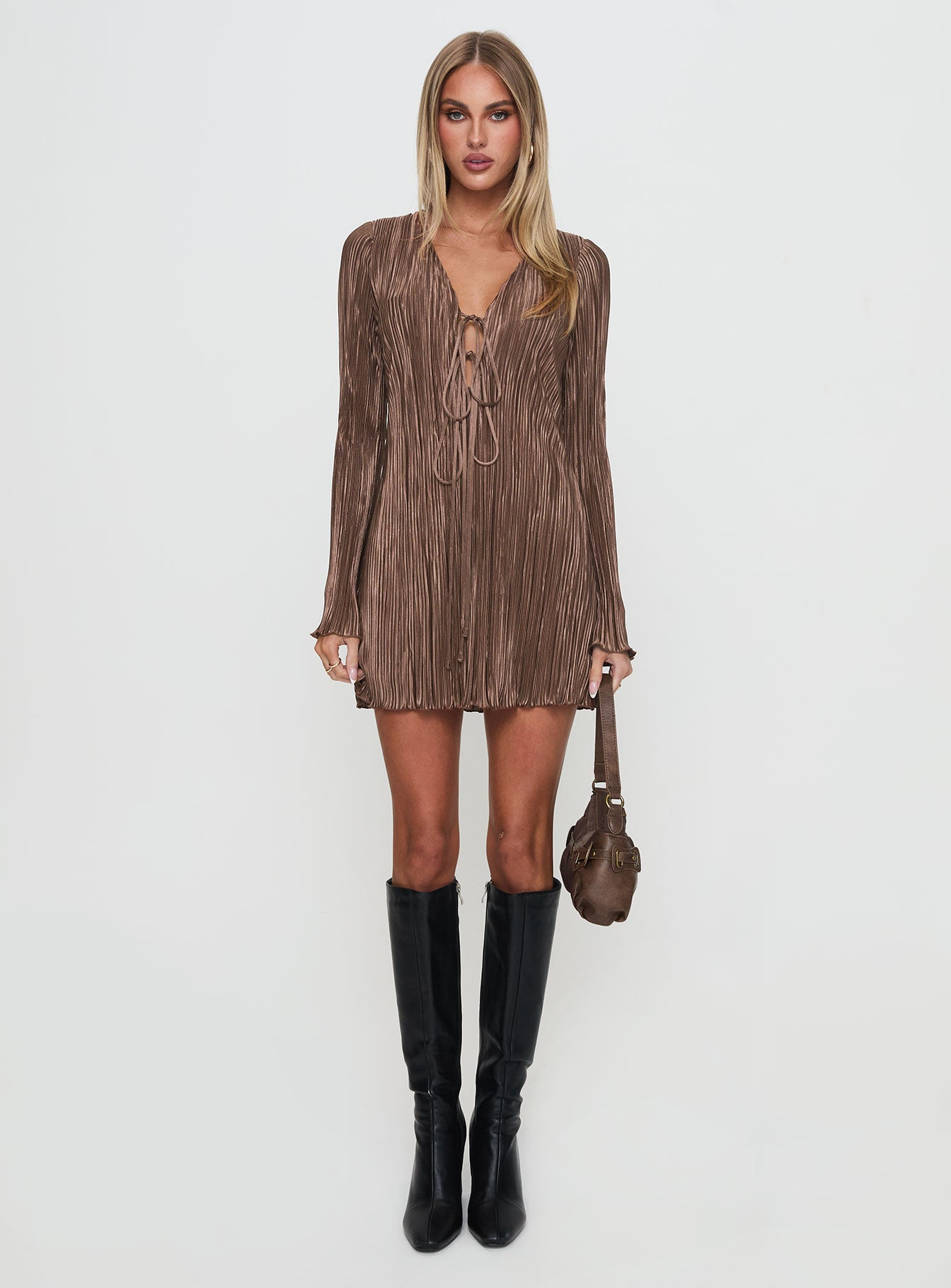 Malop Long Sleeve Mini Dress Chocolate、mySite、solidvoid