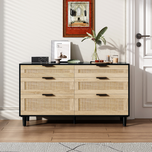 51.18"6-Drawers Rattan Storage Cabinet Rattan Drawer,for Bedroom,Living Room,Natural (Same SKU:W757P198980)、、casual