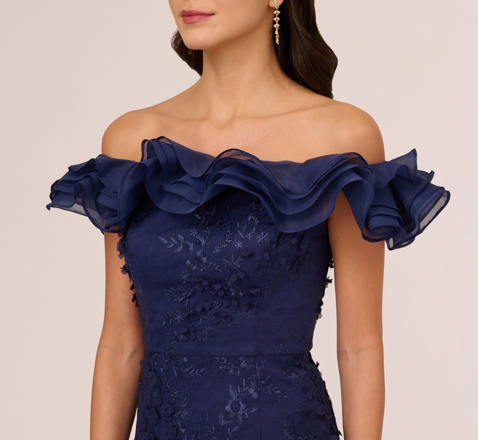 Ruffle Off The Shoulder Floral Lace Gown In Light Navy、mySite、solidvoid
