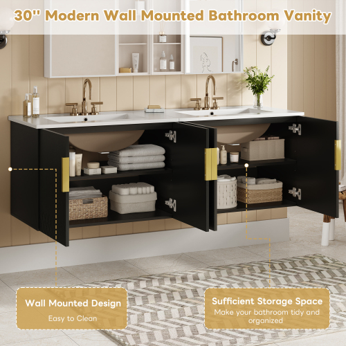 30" Vintage Bathroom Vanity with Ceramic Sink, with 3 Holes Single Ceramic Sink, Bathroom Storage Vanity Cabinet with 2 Soft Closing Doors、、xpatfood