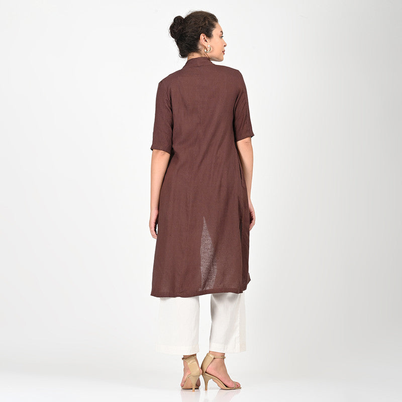 Cotton Solid Co Ord Set For Women | Overlay, Top & Trouser | Draped Collar | Coffee Brown & Cream、mySite、camillekostekn