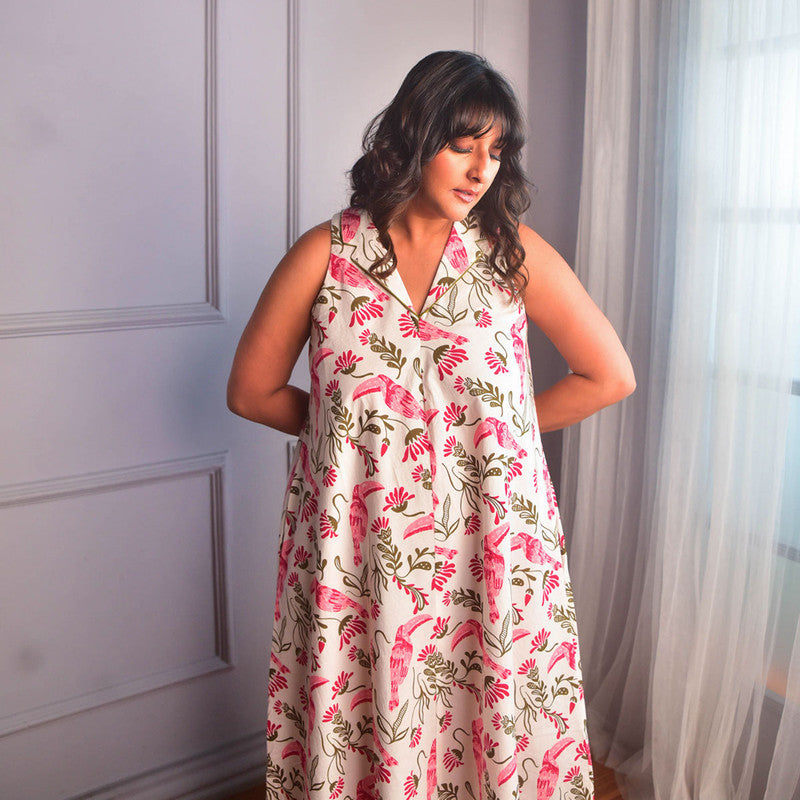 Cotton Lapel Dress For Women | A-Line | Floral Screen Print | Pink、mySite、camillekostekn