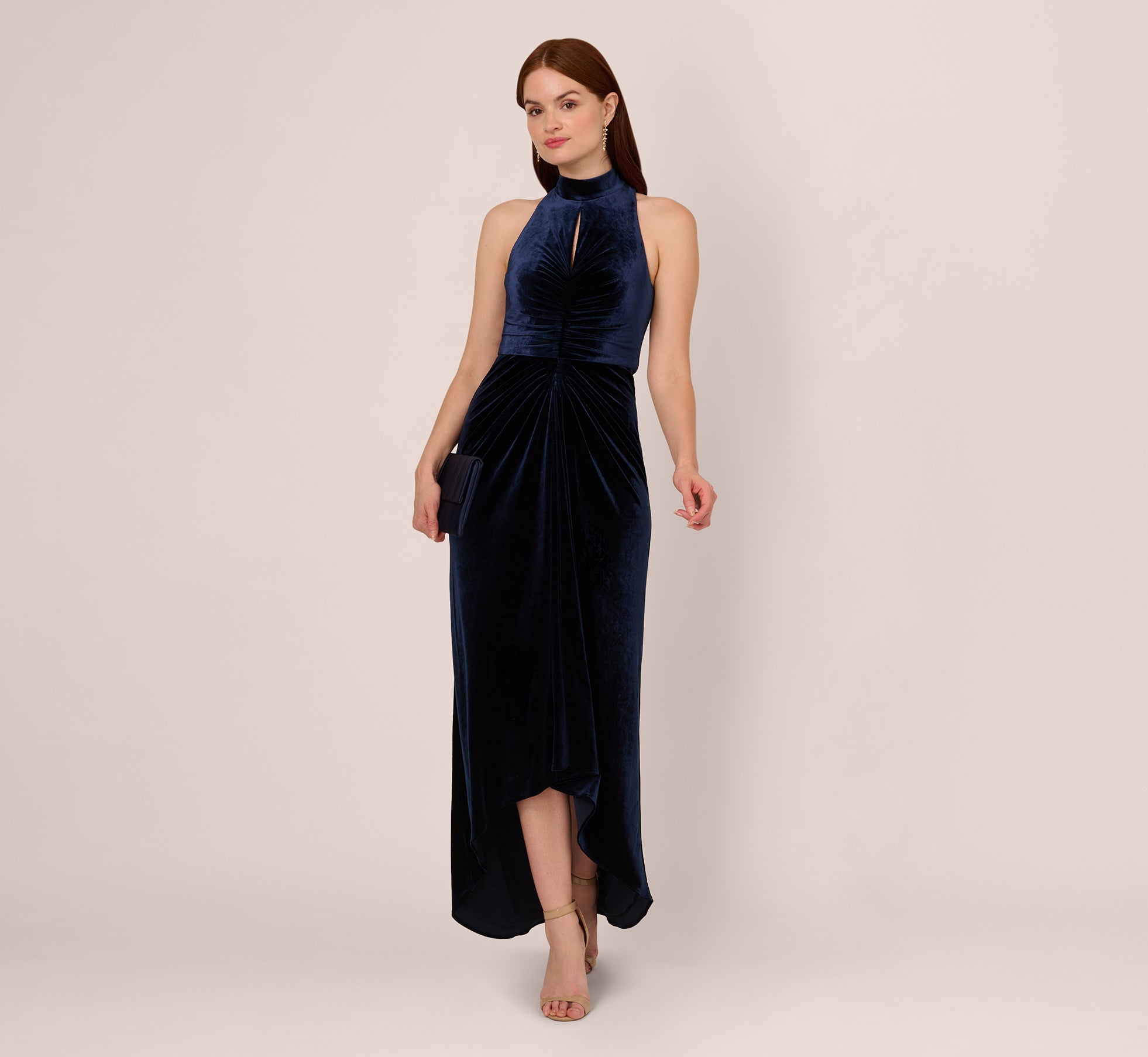 Velvet High Low Halter Gown With Cutout Mock Neck In Midnight、mySite、solidvoid