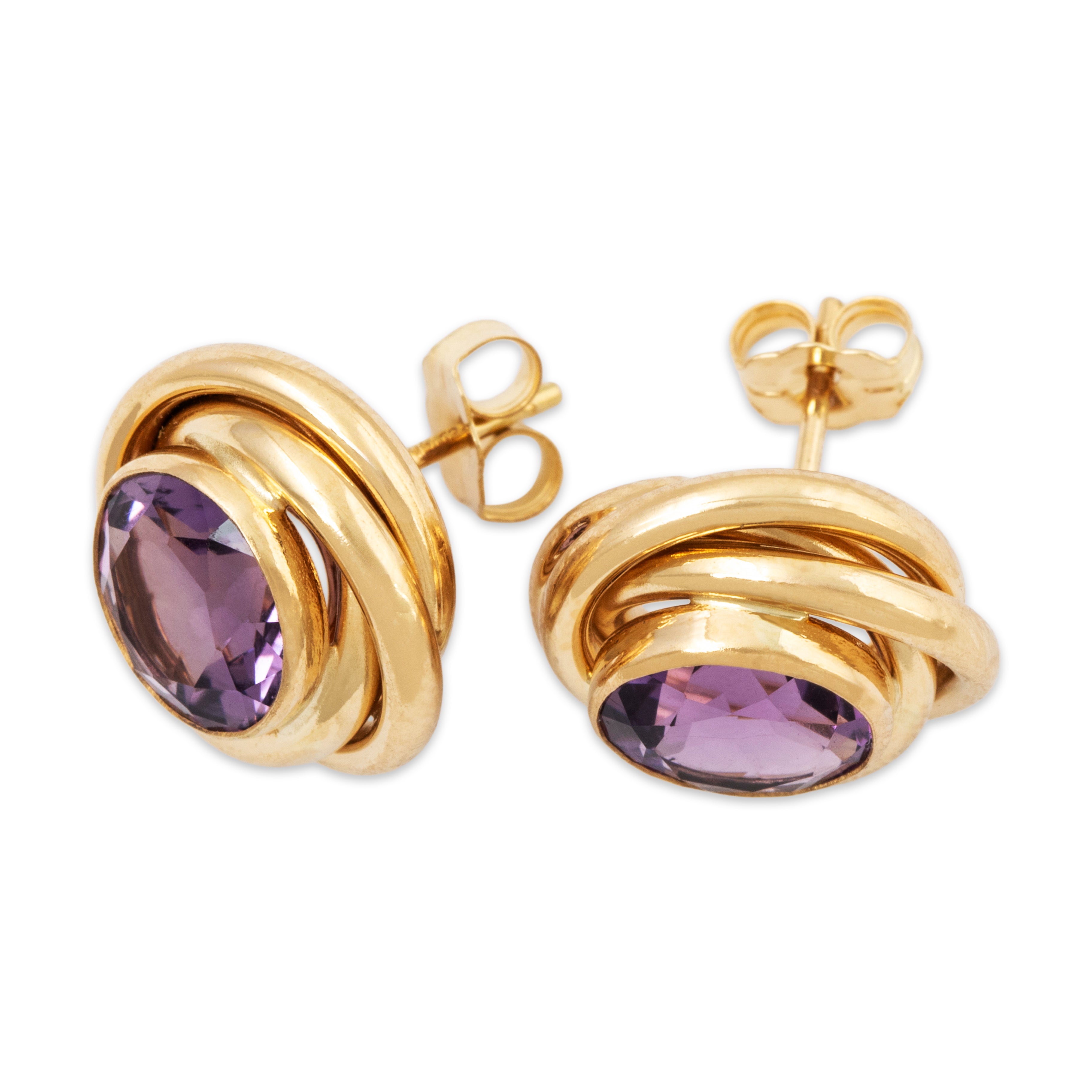 Vintage 14k Yellow Gold 3.4cttw Amethyst Round Swirling Knots Stud Earrings、mySite、hinf8tx79