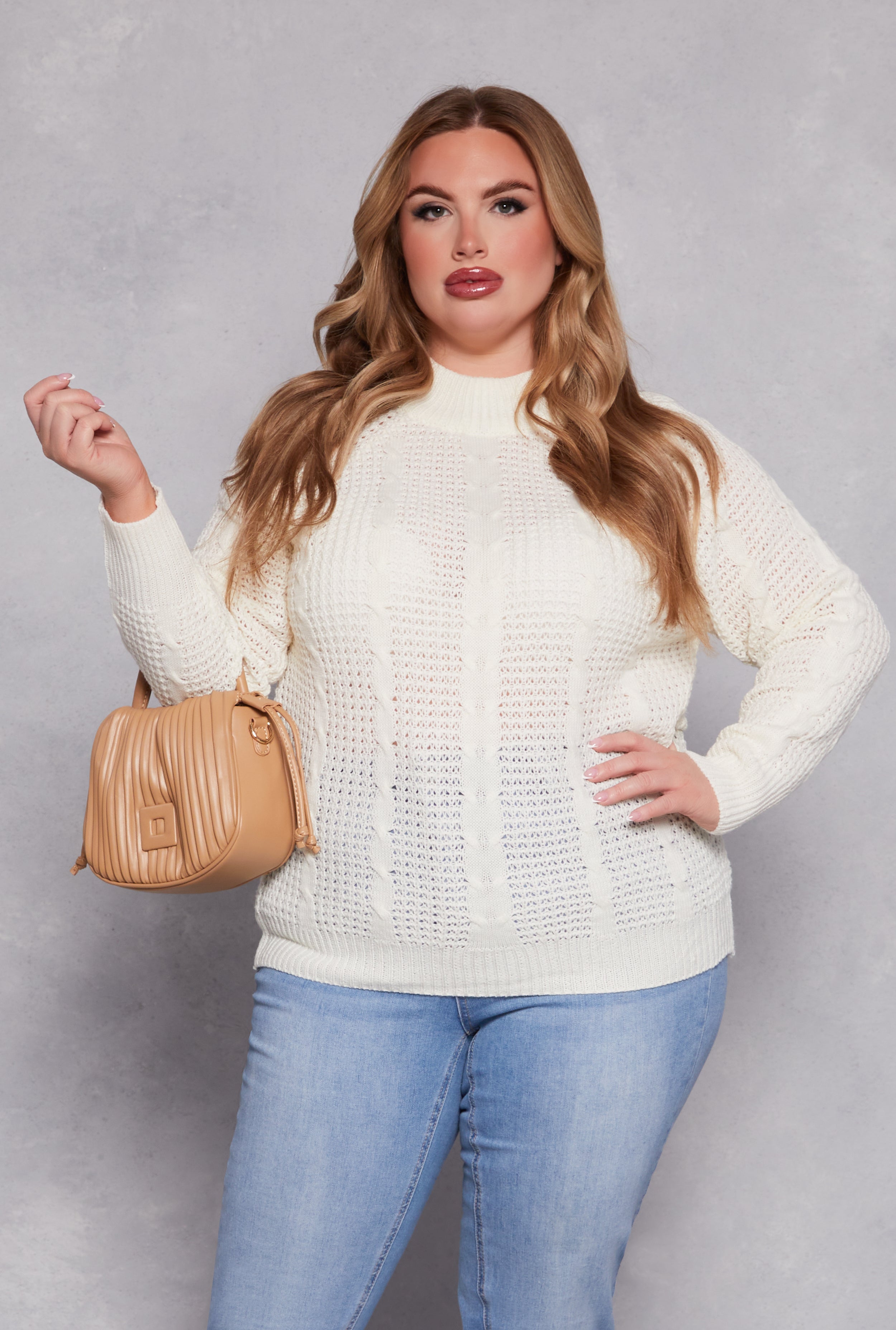 Plus Size Cable Knit Mock Neck Sweater、mySite、camillekostekn