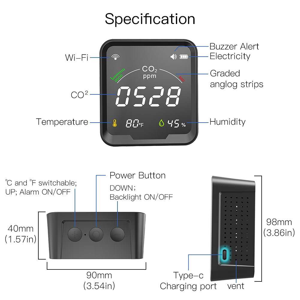WiFi Smart 3 In 1 Carbon Dioxide Air Quality Monitor Detector Temperature and Humidity Sensor、mySite、fannypackpong