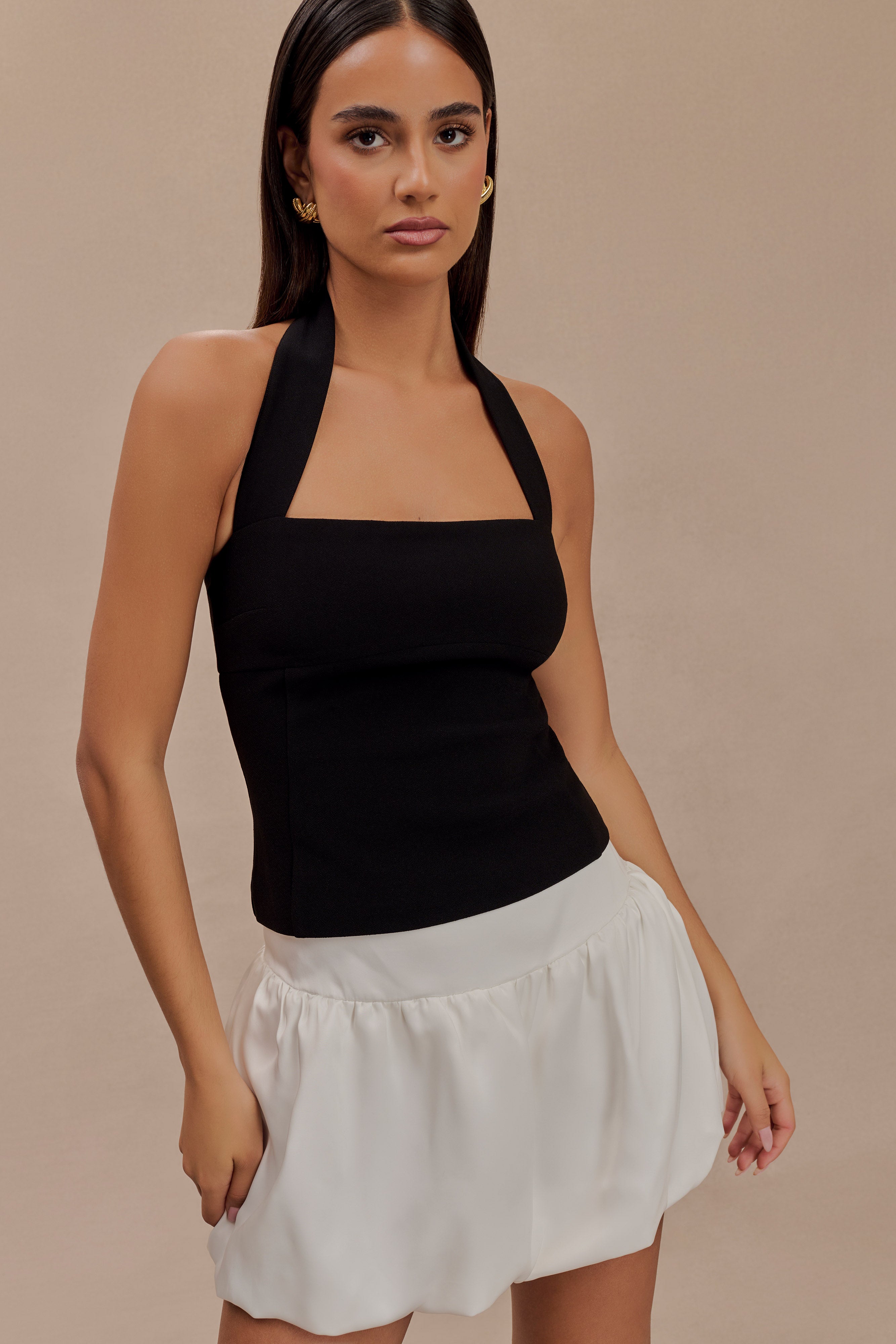 Genia Satin Bubble Mini Skirt - White、mySite、solidvoid