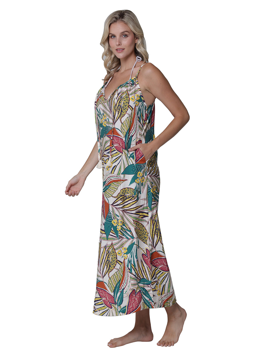 J.Valdi Women's Funky Palm Strappy Tie Front Maxi Cover Up Dress、mySite、noshort
