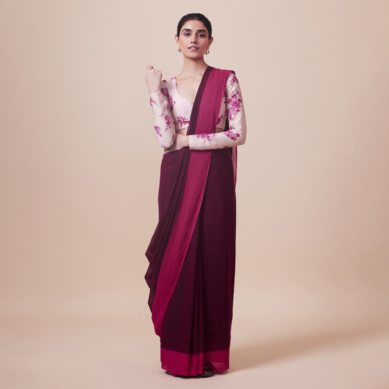 Cotton Solid Saree with Blouse | Burgundy & Pink、mySite、camillekostekn
