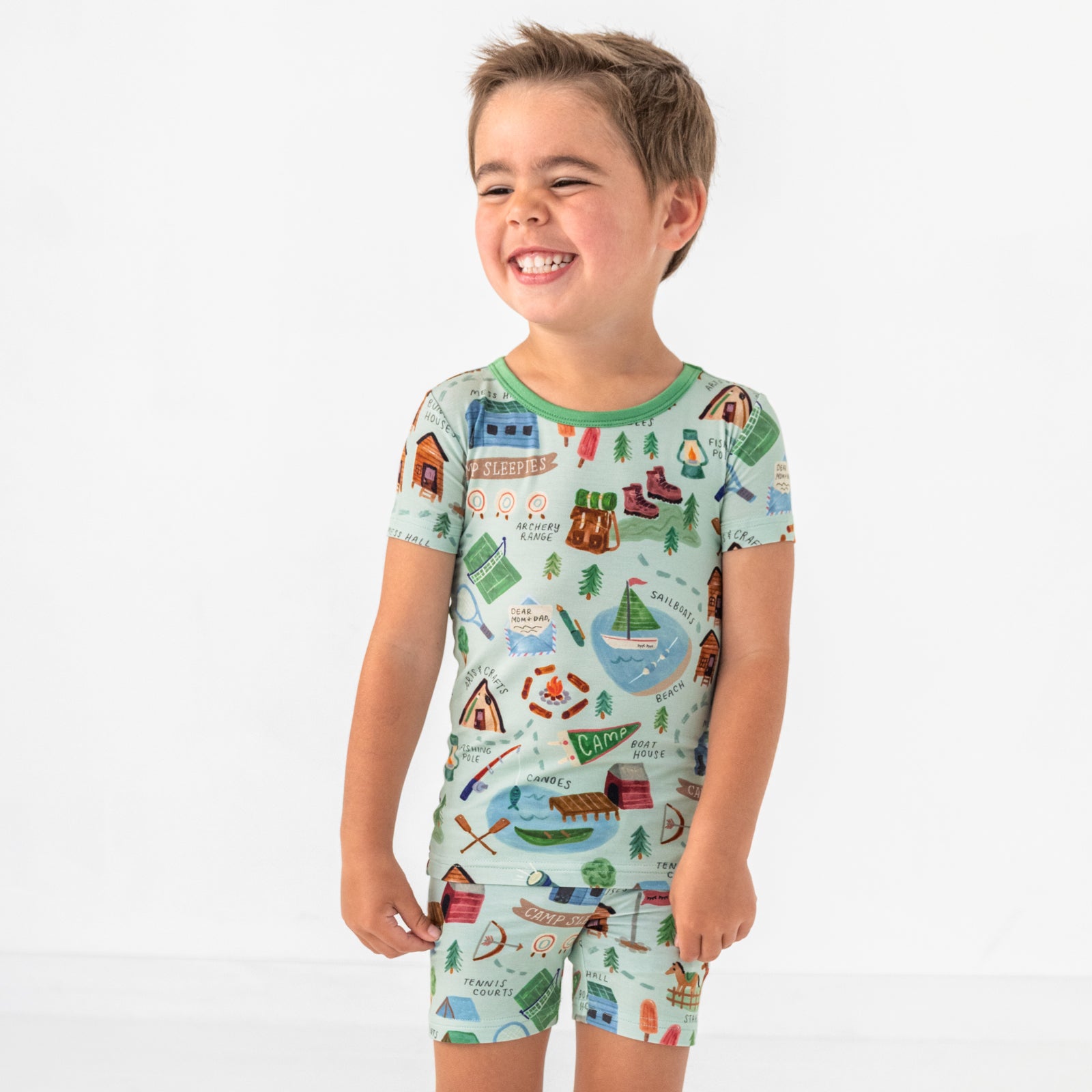 Green Camp Sleepies Two-Piece Short Sleeve & Shorts Pajama Set、mySite、g9winljtr