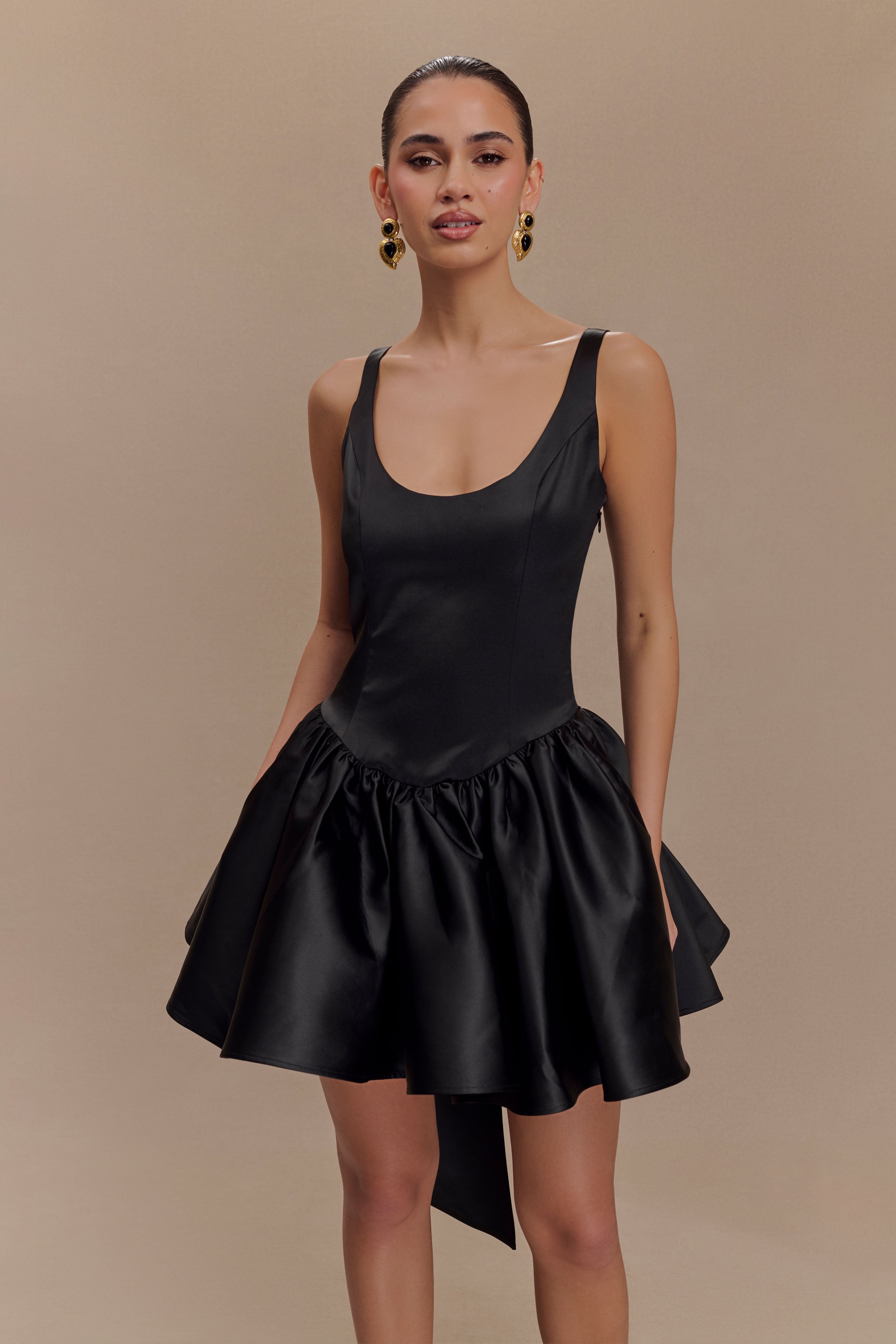 Felicia Satin Mini Dress With Bow - Black、mySite、solidvoid
