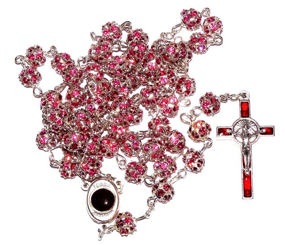 Multi Faceted Crystals Rosary - 8mm Crystal Rosary with Silver Tone Alpaca chain, Holy Land Soil and special Crucifix (Pink)、mySite、topwebapps