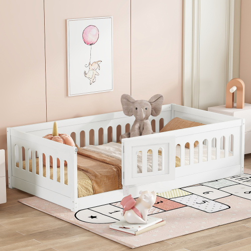 Twin Size Floor Bed with Heightened Safety Guardrails and Door, Solid Wood Bedframe with Rails for Girls, Boys, Teens, Child Bedroom, Kids Playroom, No Slats Included, White、、casual