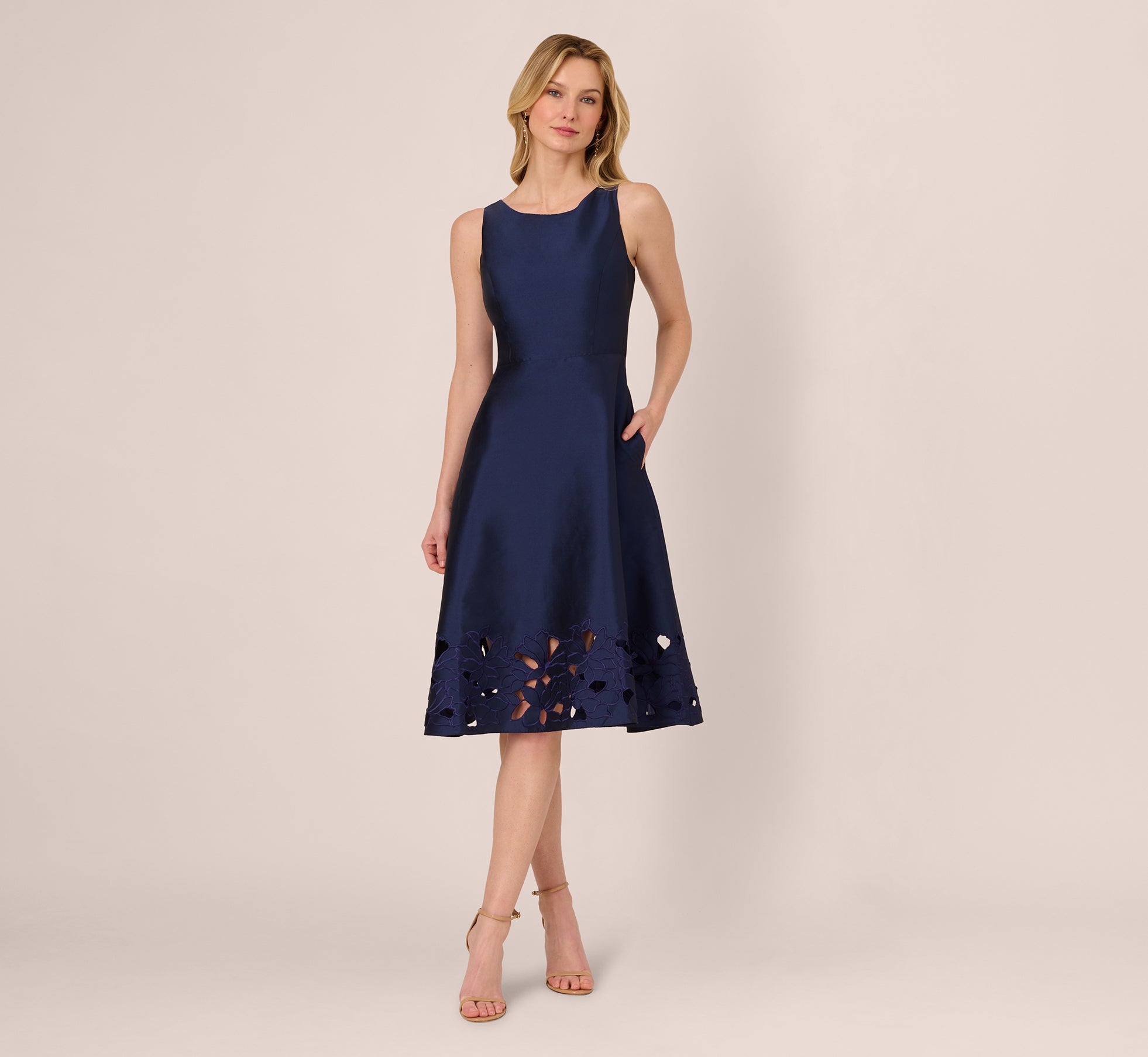 Sleeveless Taffeta Floral Cutwork Midi Dress In Light Navy、mySite、solidvoid