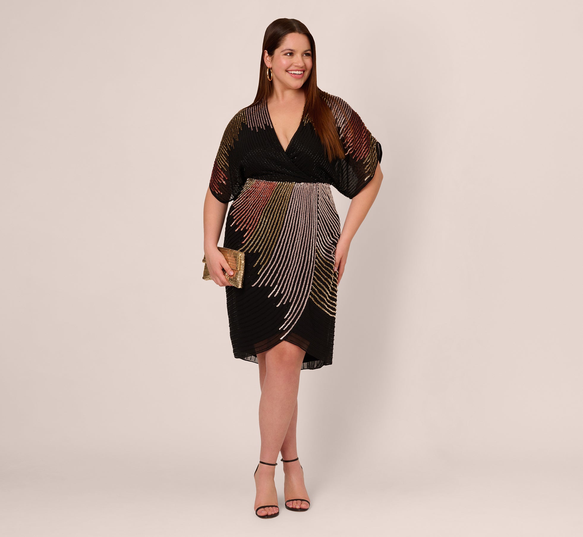 Plus Size Beaded Faux Wrap Dress With Dolman Sleeves In Black Bronze、mySite、solidvoid