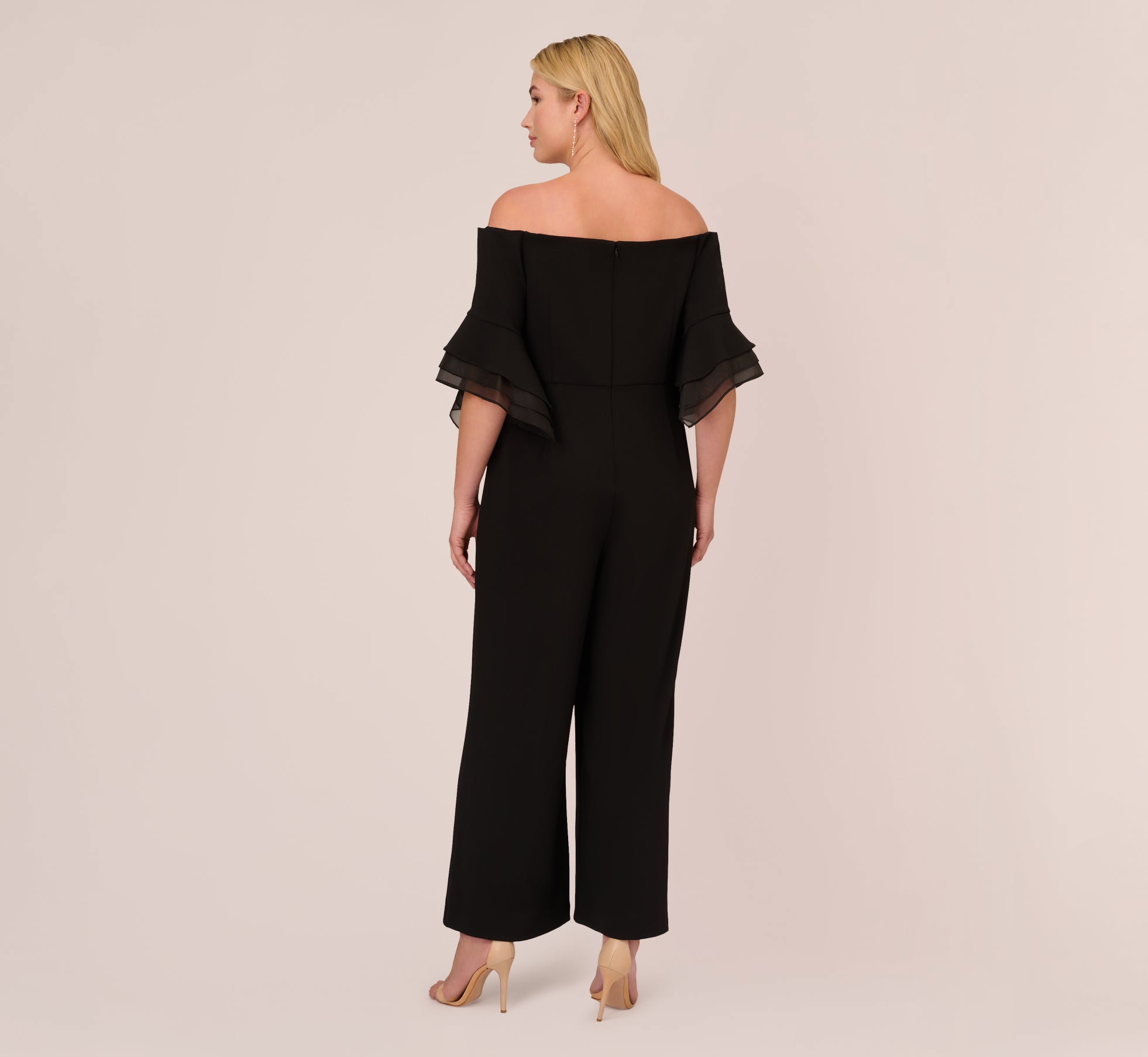 Plus Size Off The Shoulder Crepe Jumpsuit With Organza Sleeves In Black、mySite、solidvoid