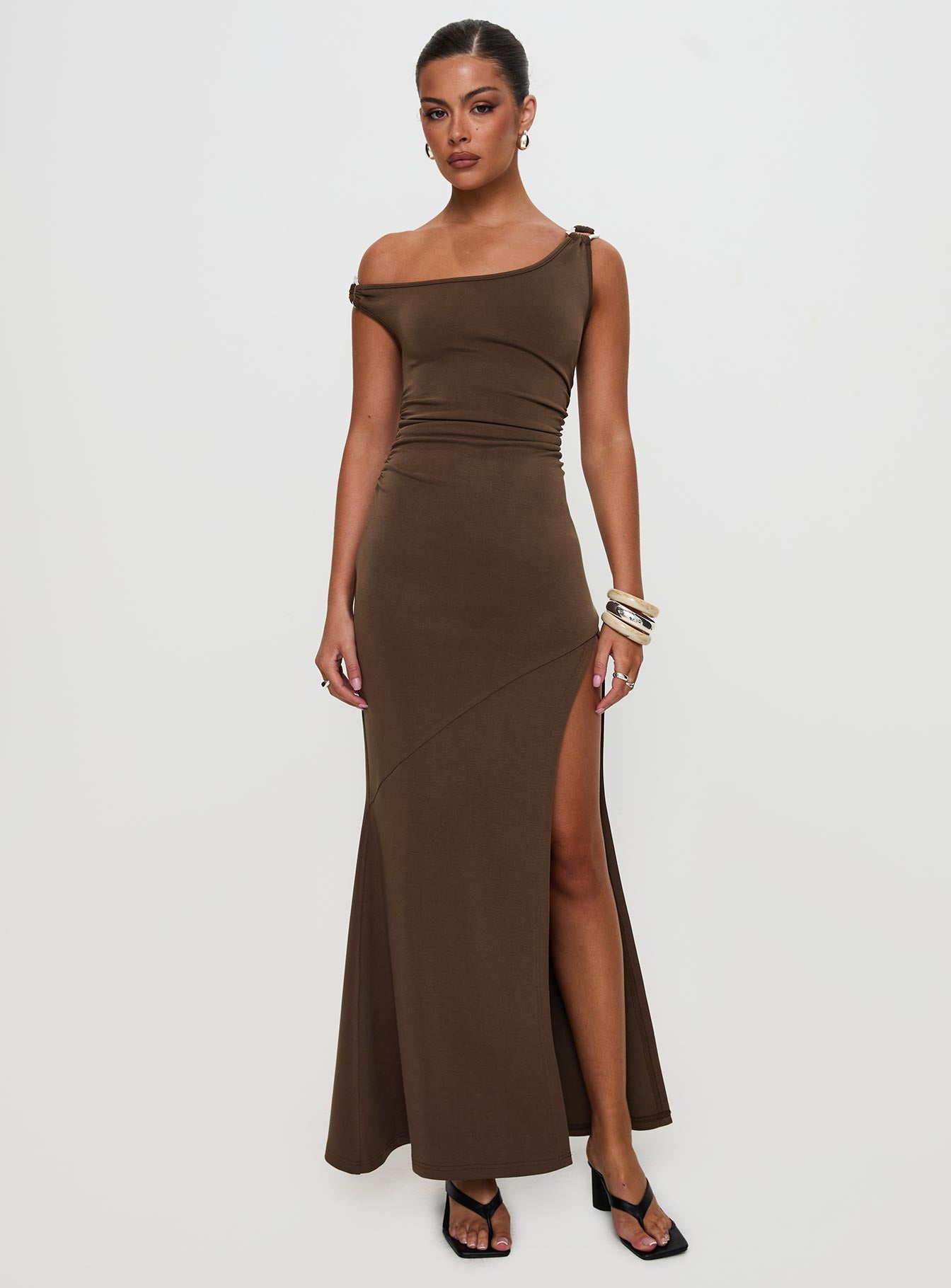 Rios One Shoulder Maxi Dress Brown、mySite、solidvoid