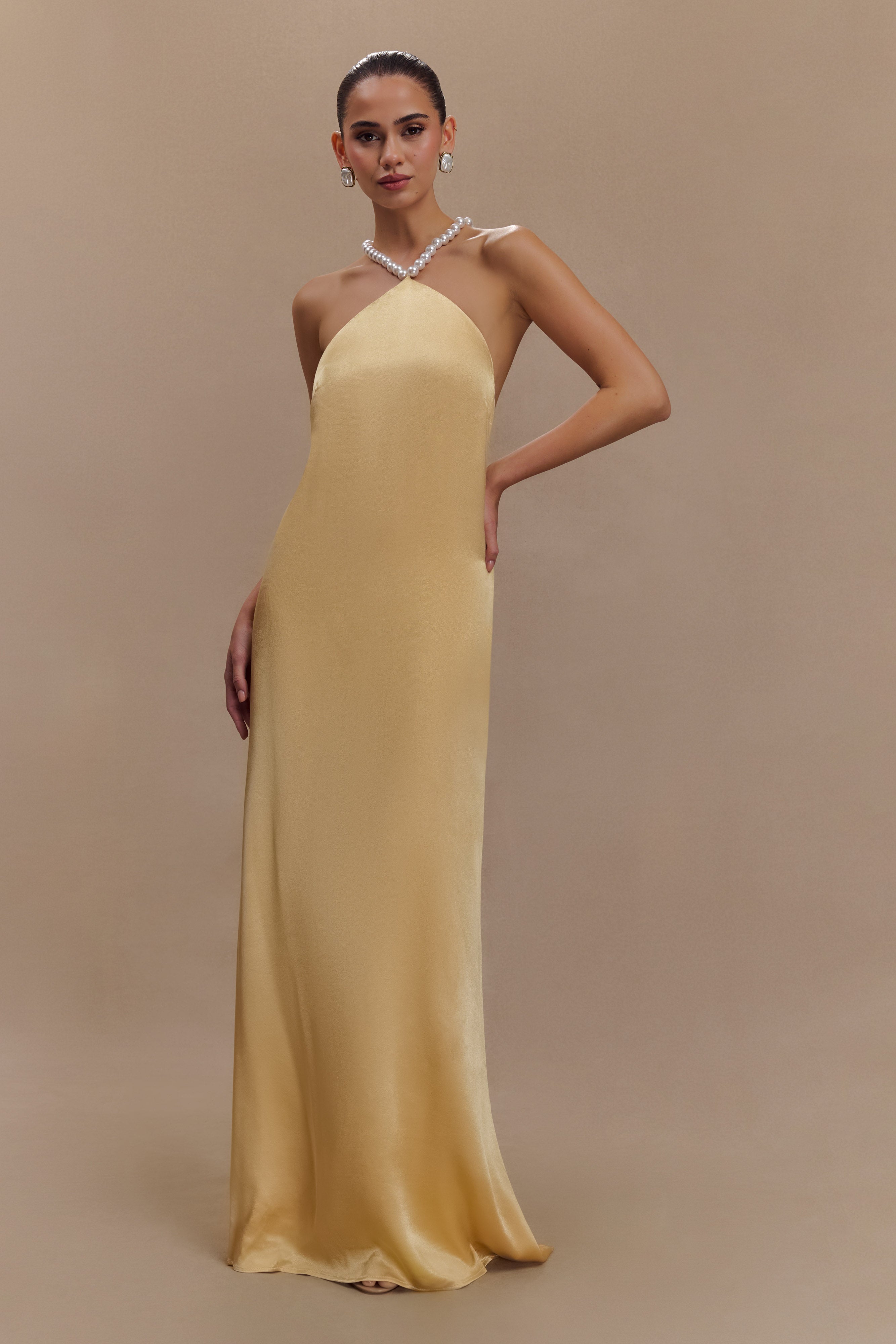 Blanche Satin Pearl Halter Maxi Dress - Peach、mySite、solidvoid
