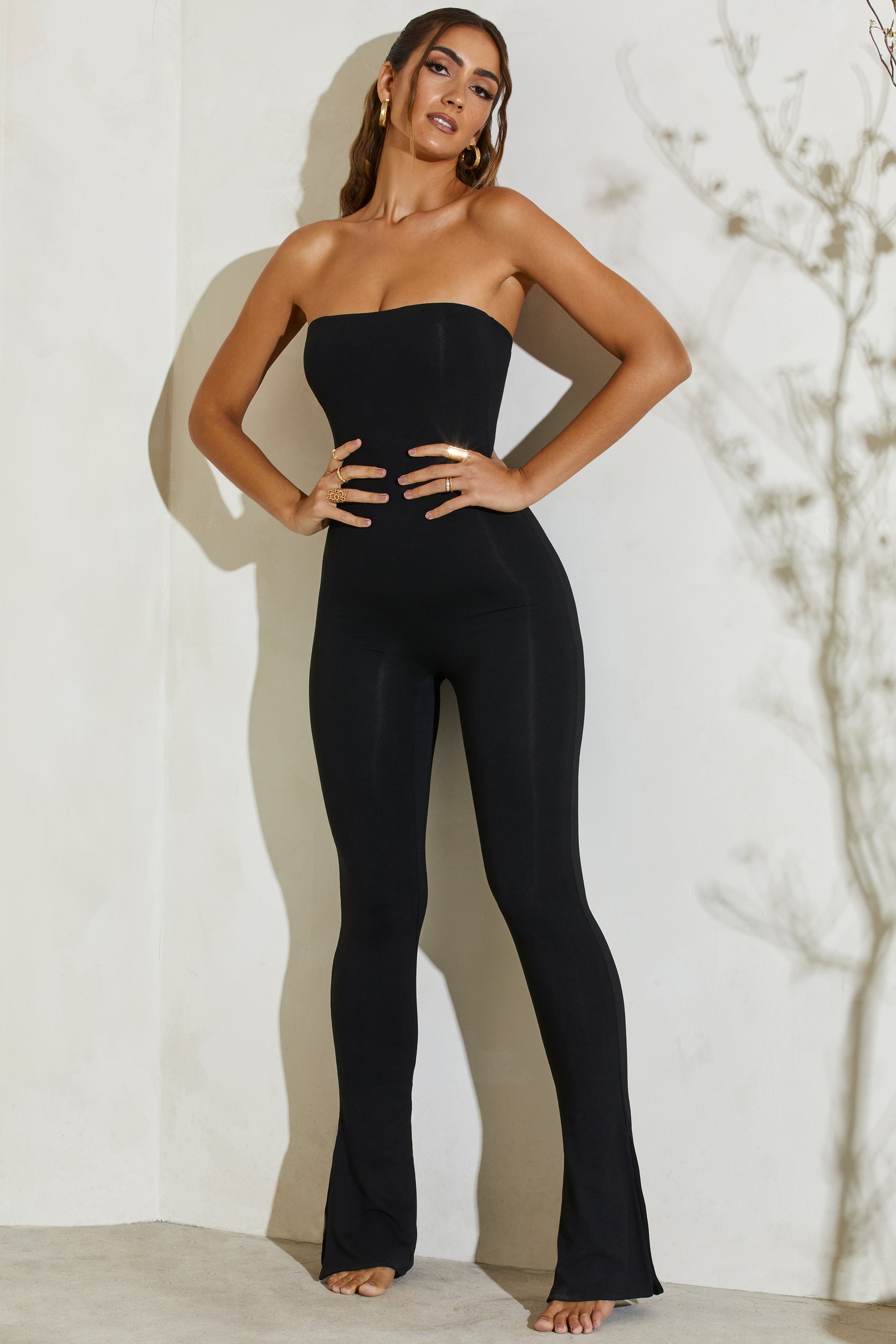 Strapless Flared Hem Jumpsuit in Black、mySite、solidvoid