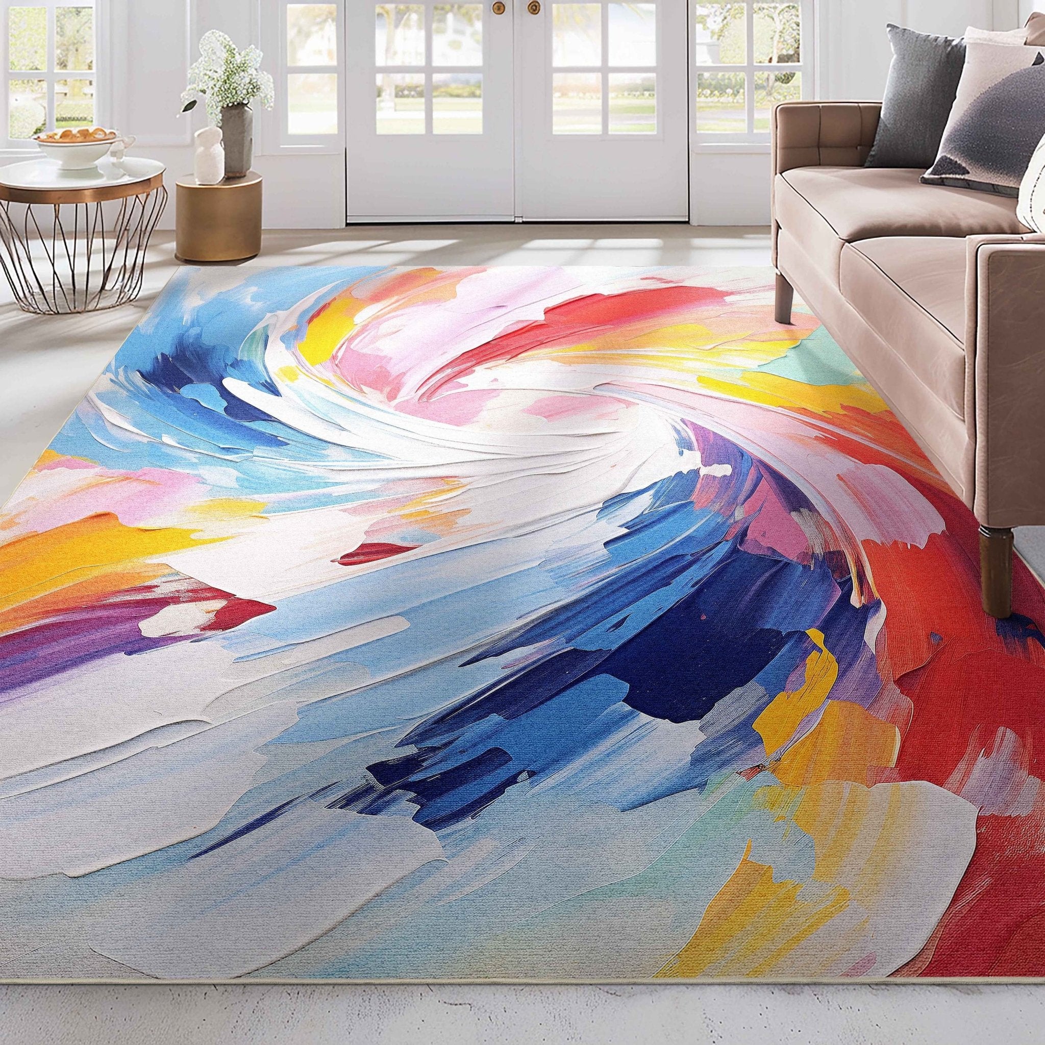 Apollo Strokes Colorful Waves Abstract Vibrant Stain-Resistant Rug - Easy to Clean、mySite、gigharbornorthrealestate