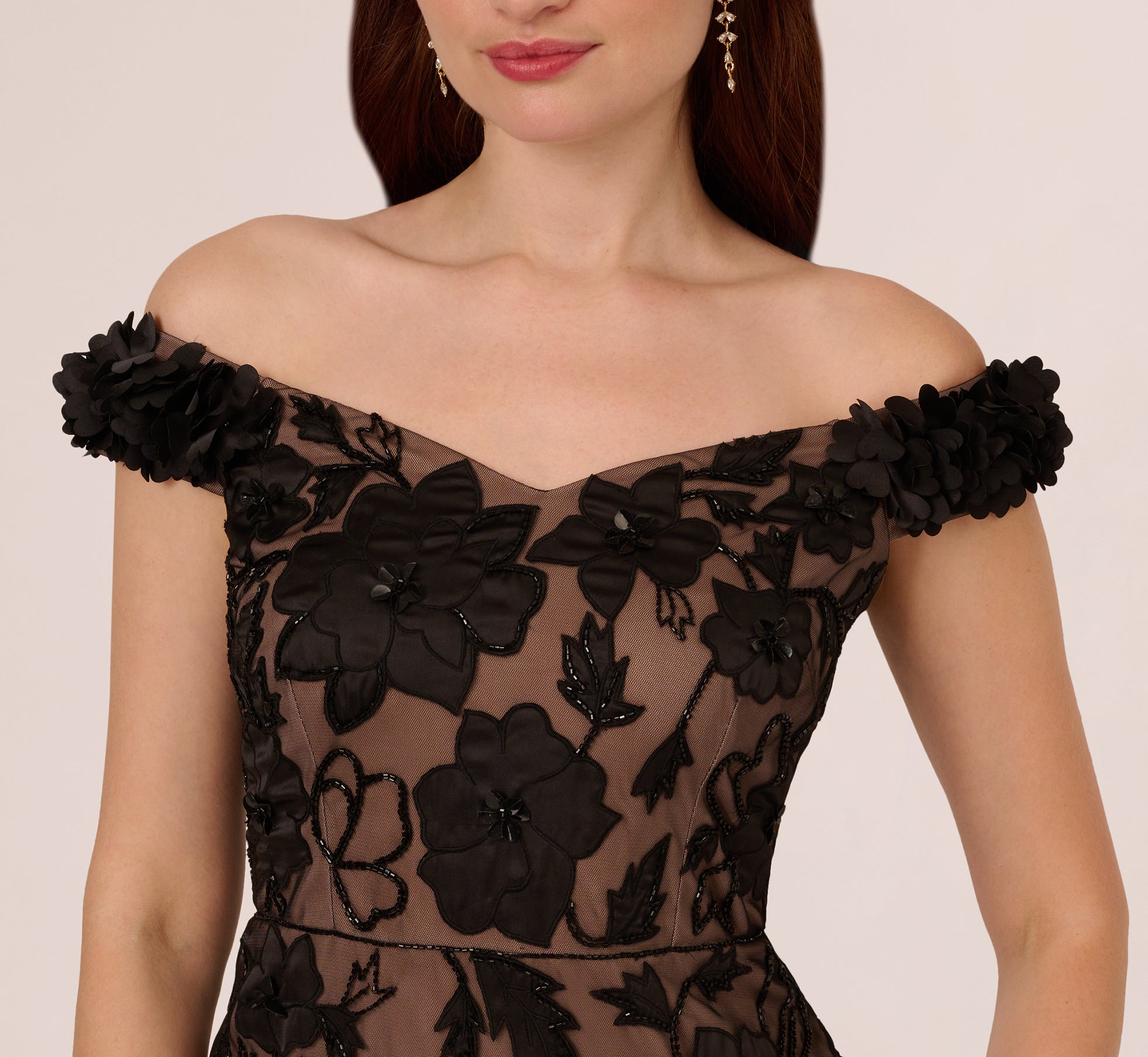 Off The Shoulder Beaded Column Gown With Rosette Accents In Black Rosegold、mySite、solidvoid