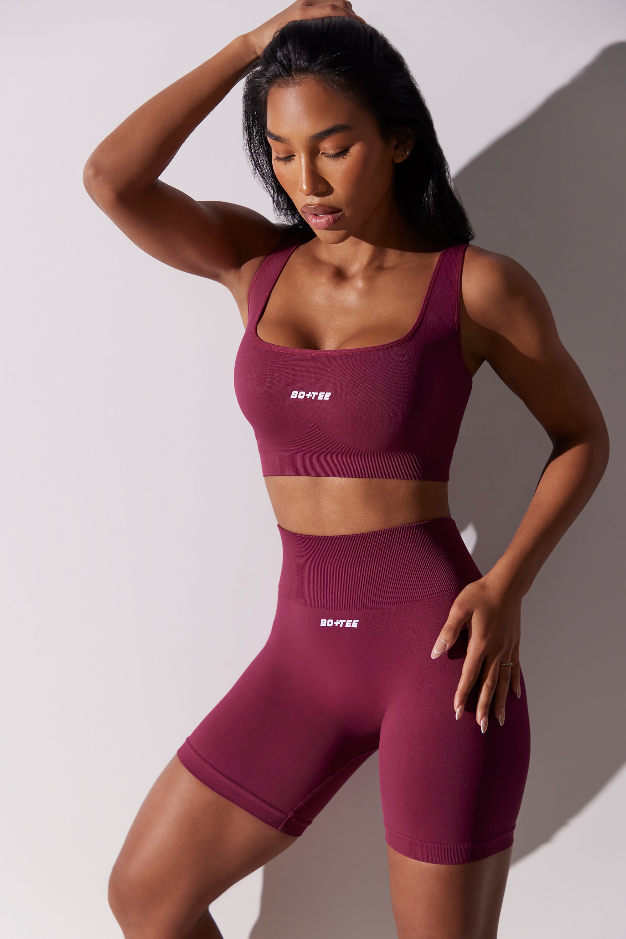 Open Back Square Neck Sports Bra in Plum、mySite、solidvoid