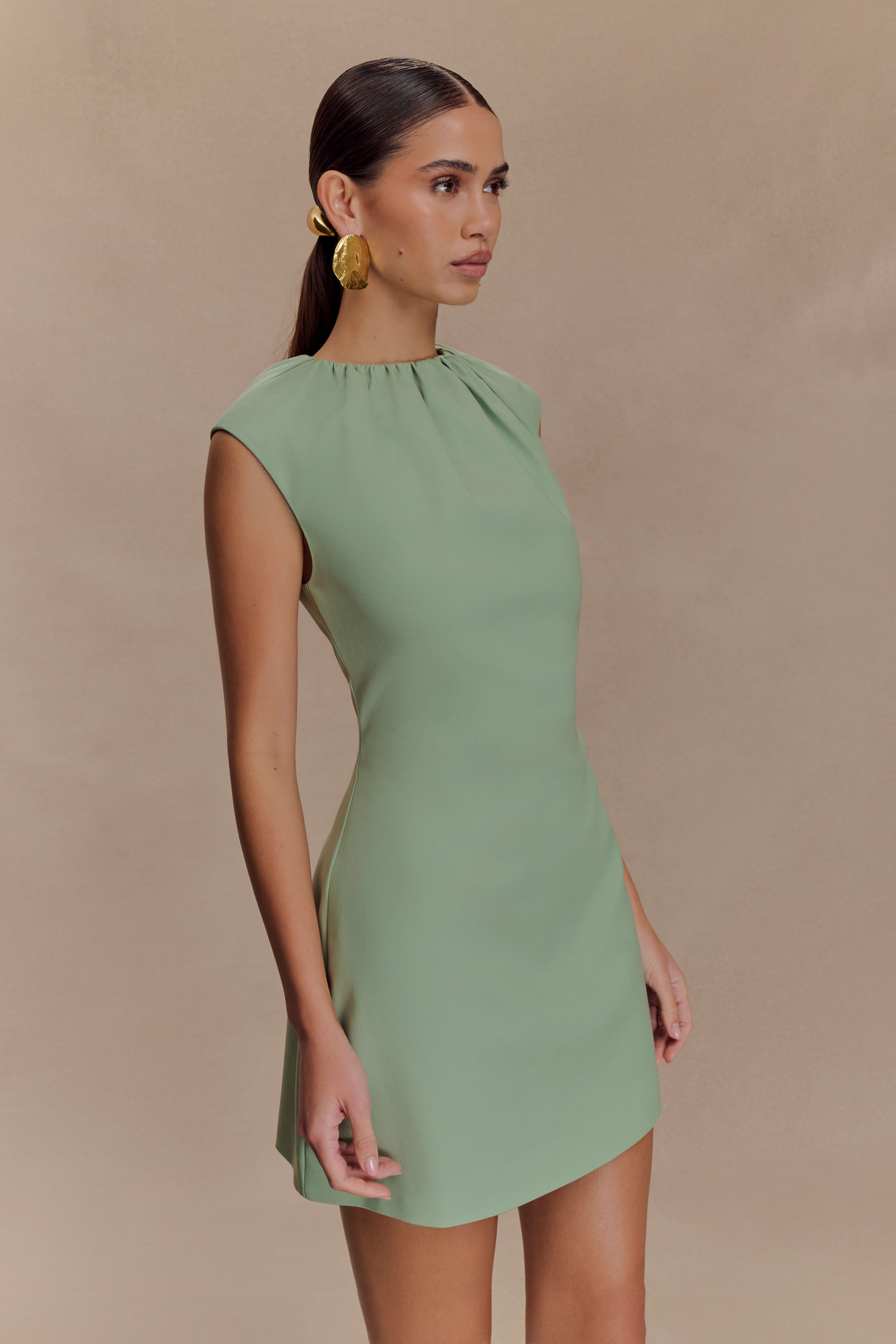 Ariana Pleated Neck Mini Dress - Sage、mySite、solidvoid