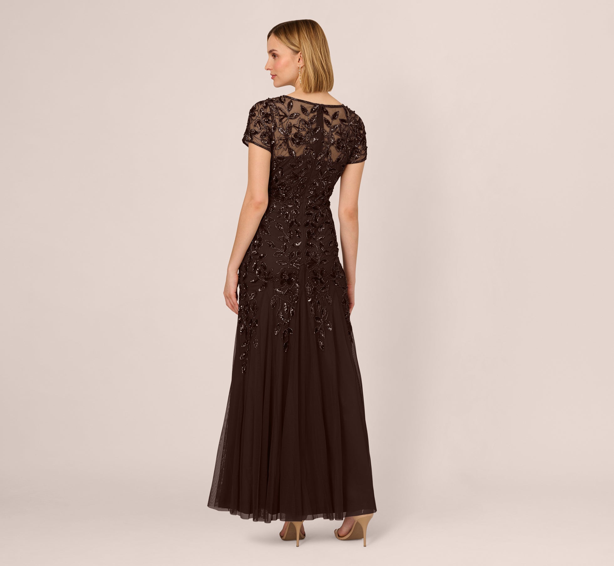 Hand Beaded Short Sleeve Floral Godet Gown In Chocolate、mySite、solidvoid
