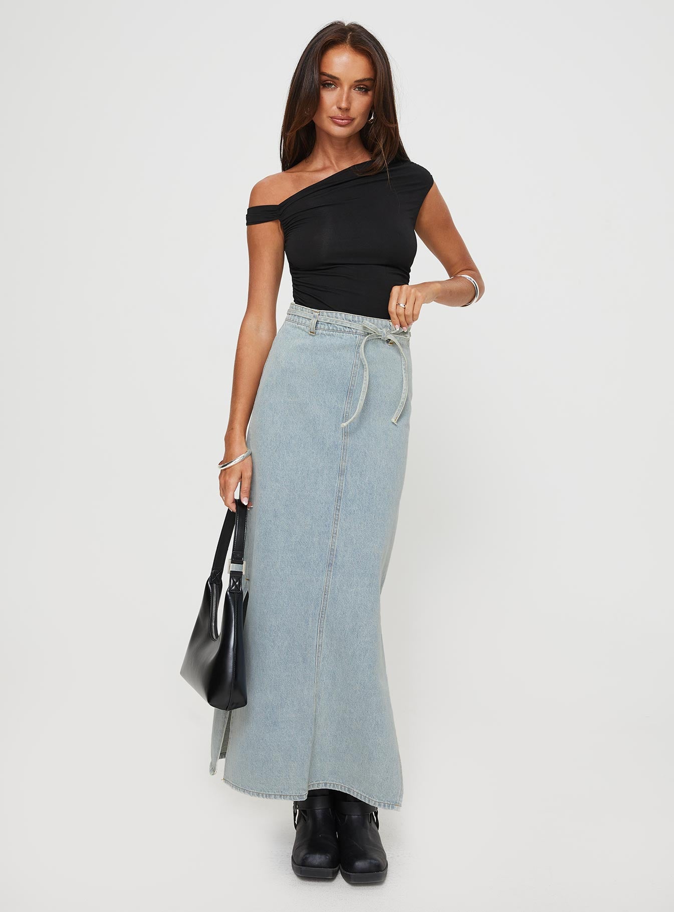 Brandee Tie Front Denim Maxi Skirt Light Wash、mySite、solidvoid