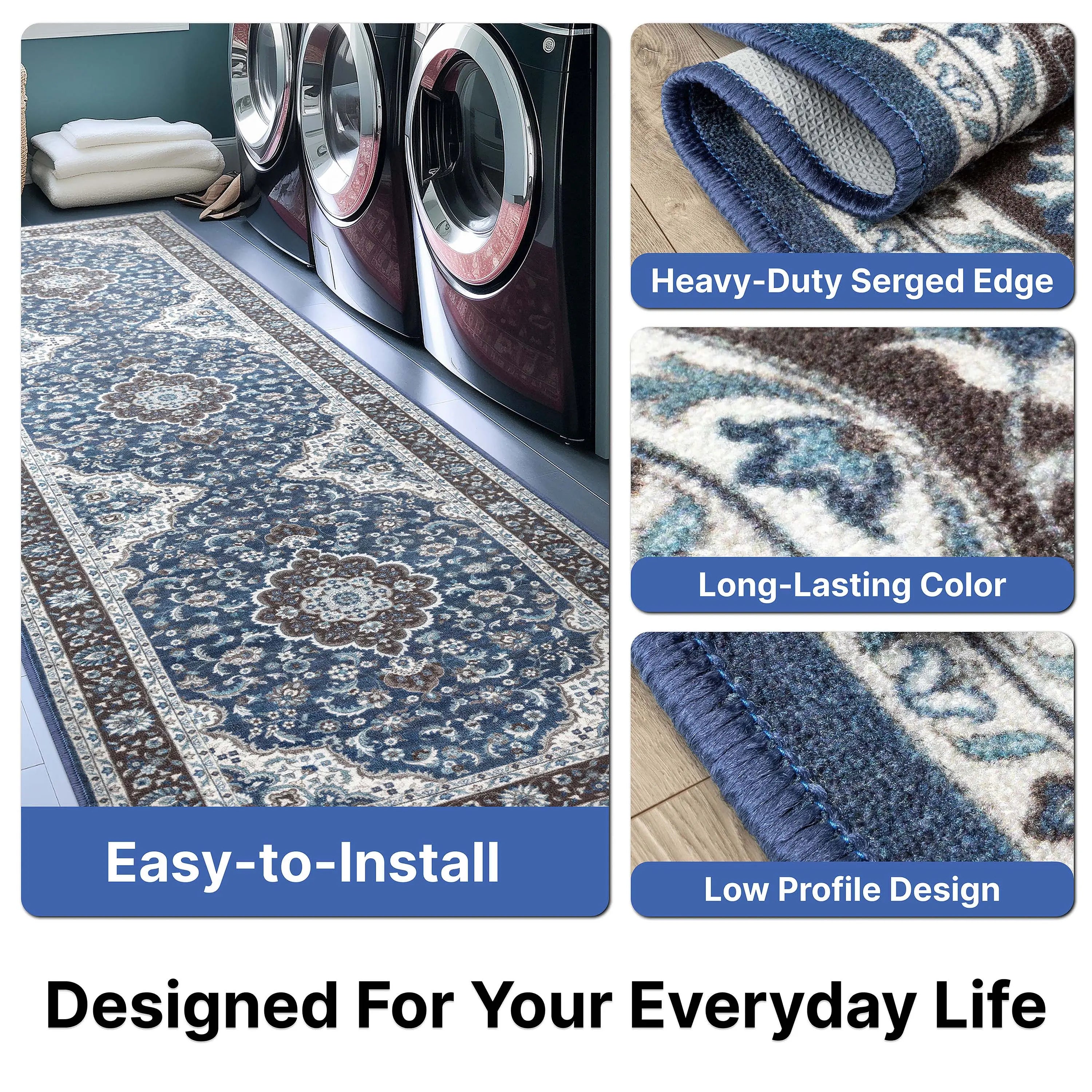 Custom Size Runner Gene Medallion Persian Blue Select Your Width x Choose Your Length Machine Washable Hallway Runner Rug、mySite、gigharbornorthrealestate